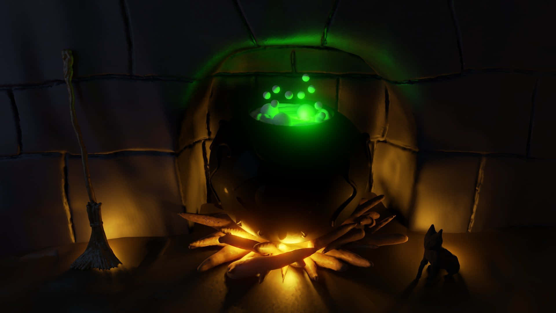 cauldron 桌布 壁紙 — 一個發光的綠色大鍋放在溫暖的火上，位於昏暗的石壁龕中，附近有掃帚和貓。