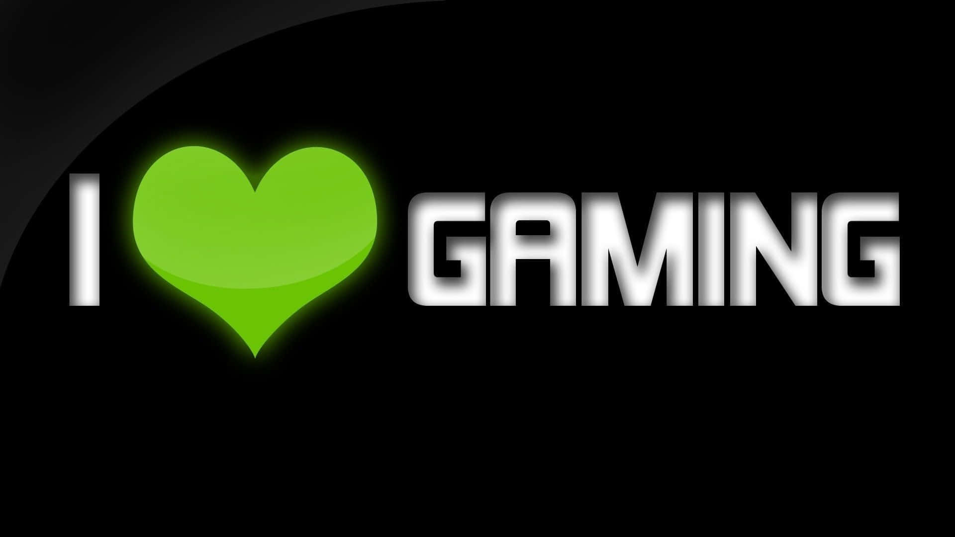 Pro Gamer 桌布 壁紙 — 一個發光的綠色心形符號取代了黑色背景上「I love gaming」短語中的「love」一詞。