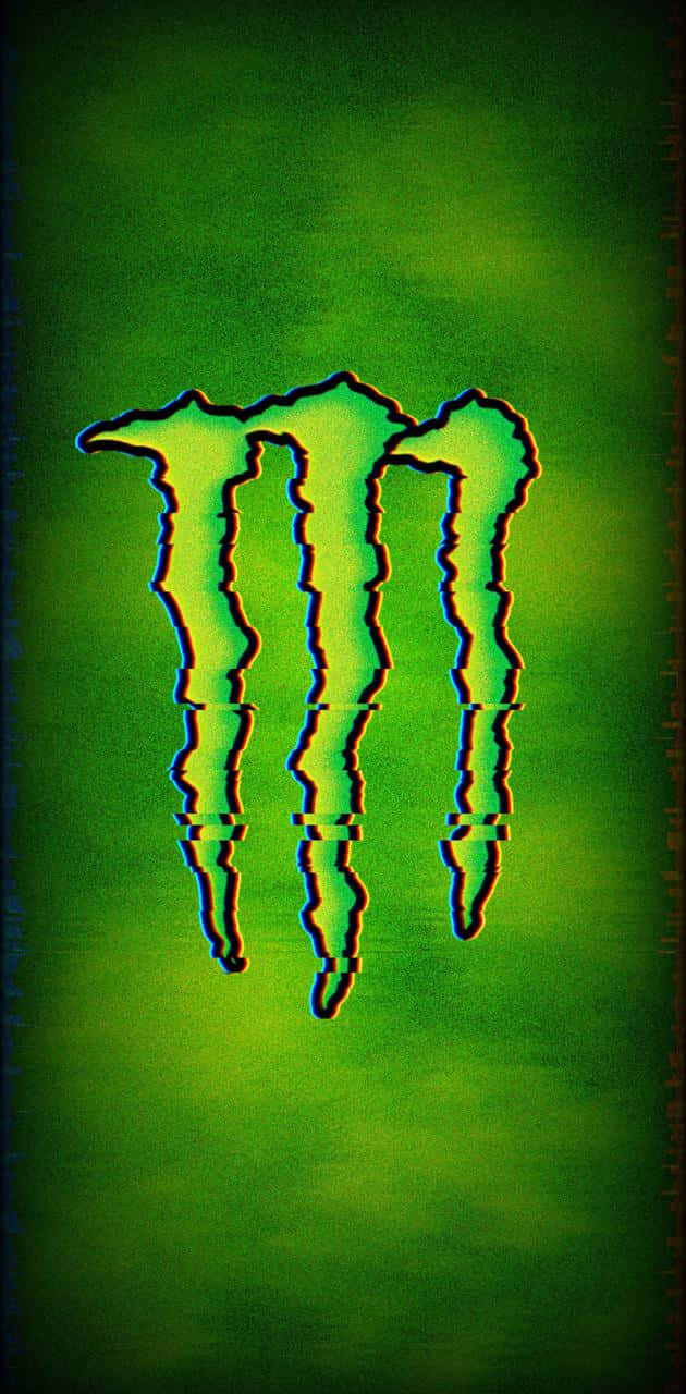 Monster Energy 桌布 壁紙 — 一個發光的綠色怪物能量飲料標誌，帶有鋸齒狀的爪子，在帶有故障效果的綠色漸變背景上脫穎而出。