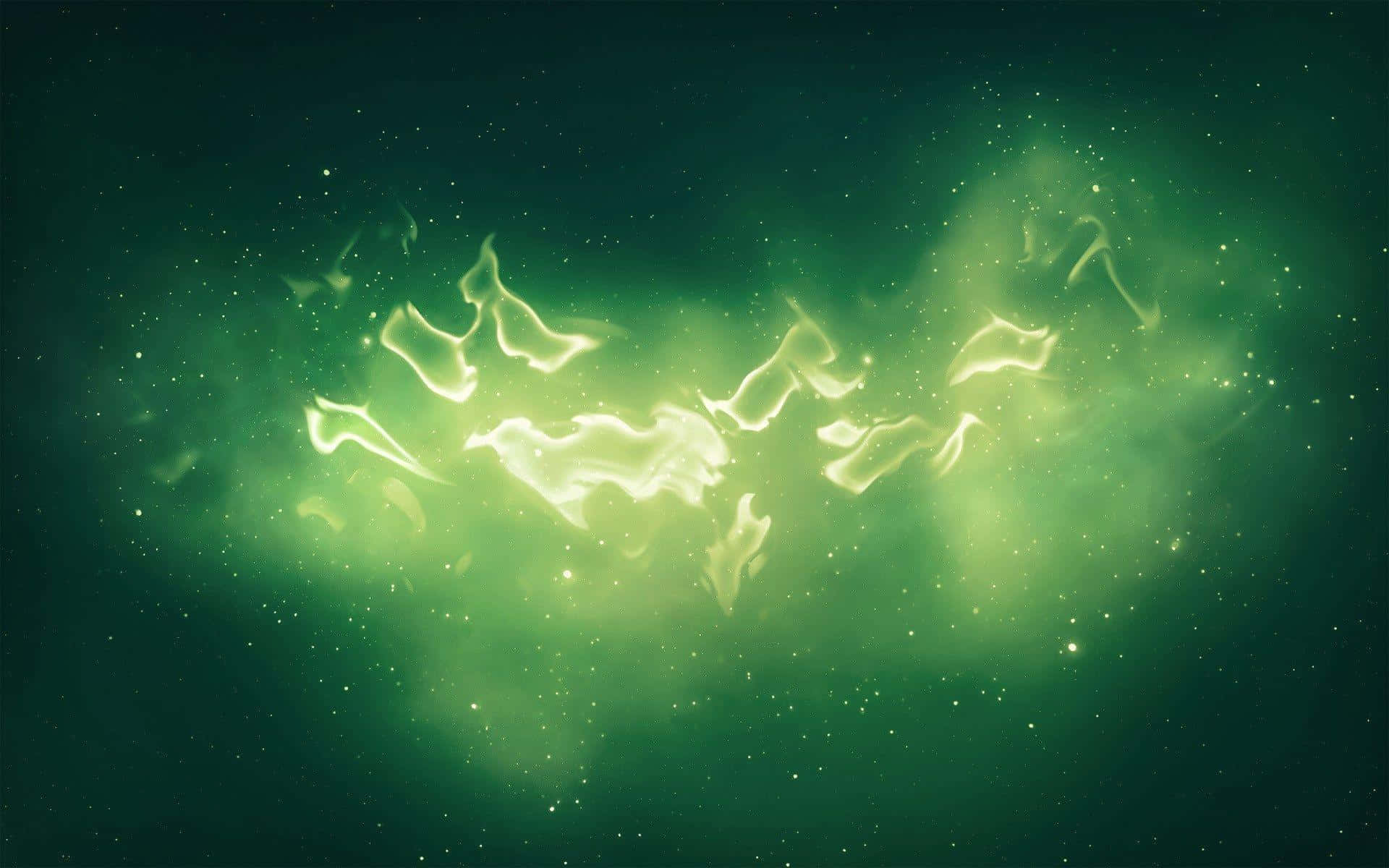 toxic 桌布 壁紙 — 一個發光的綠色星雲，帶有發光的絲狀物，在繁星點點的宇宙背景下旋轉。