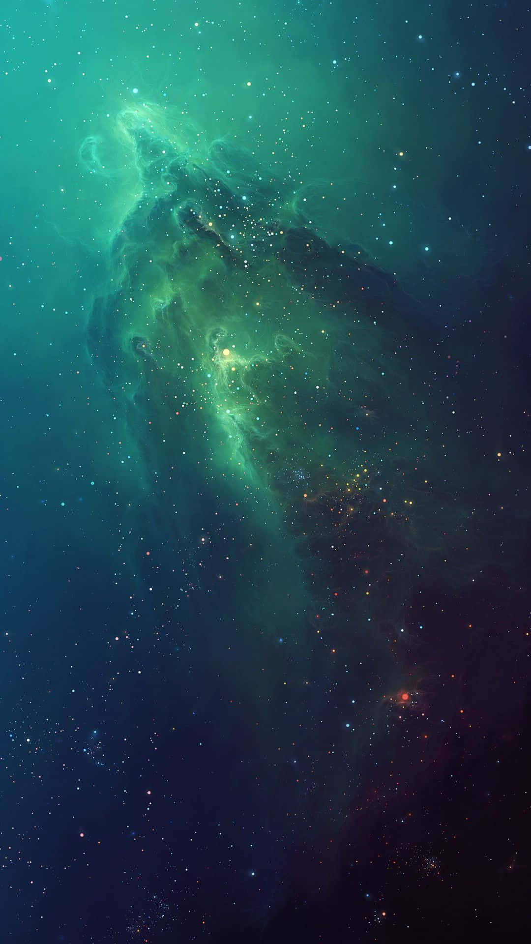 Smartphone 桌布 壁紙 — 一個發光的綠色星雲在深藍綠色和黑暗宇宙色調的星場中旋轉。