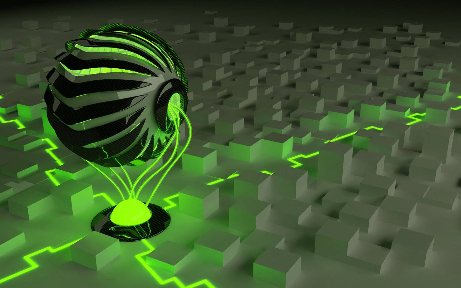 3D 桌布 壁紙 — 一個發光的綠色未來感球體，帶有電路，在灰色立方體的網格上脈動能量。