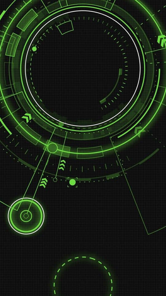 Green Technology 桌布 壁紙 — 一個發光的綠色未來風格HUD界面，帶有圓形儀表和箭頭，位於黑色網格背景上。