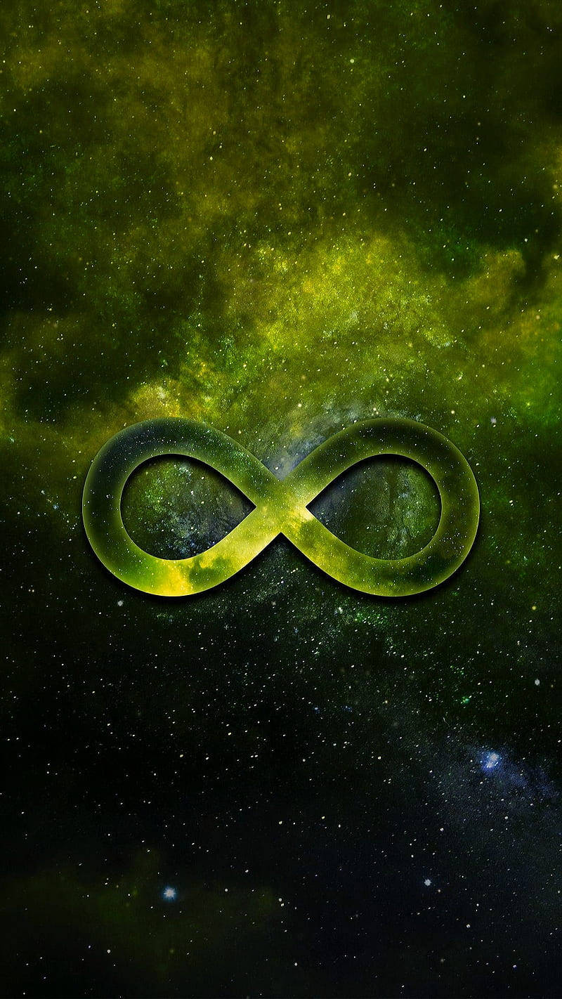 手機 桌布 壁紙 — 一個發光的綠色無限符號漂浮在充滿活力的星雲和星場的深空中。