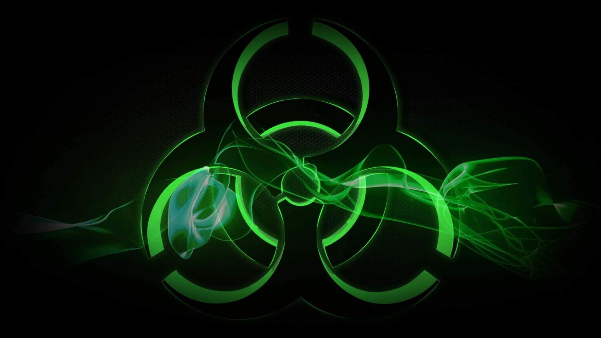 toxic 桌布 壁紙 — 一個發光的綠色生物危害標誌，由旋轉的數位能量在黑色背景上形成。