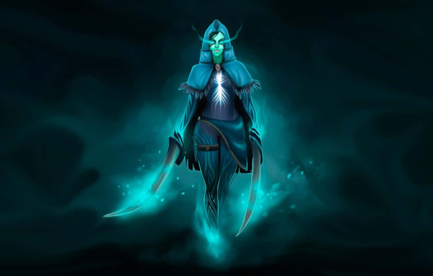 Phantom Assassin 桌布 壁紙 — 一個發光的綠色皮膚連帽人物在黑暗虛空中揮舞雙彎刀，周圍環繞著旋轉的藍綠色薄霧。