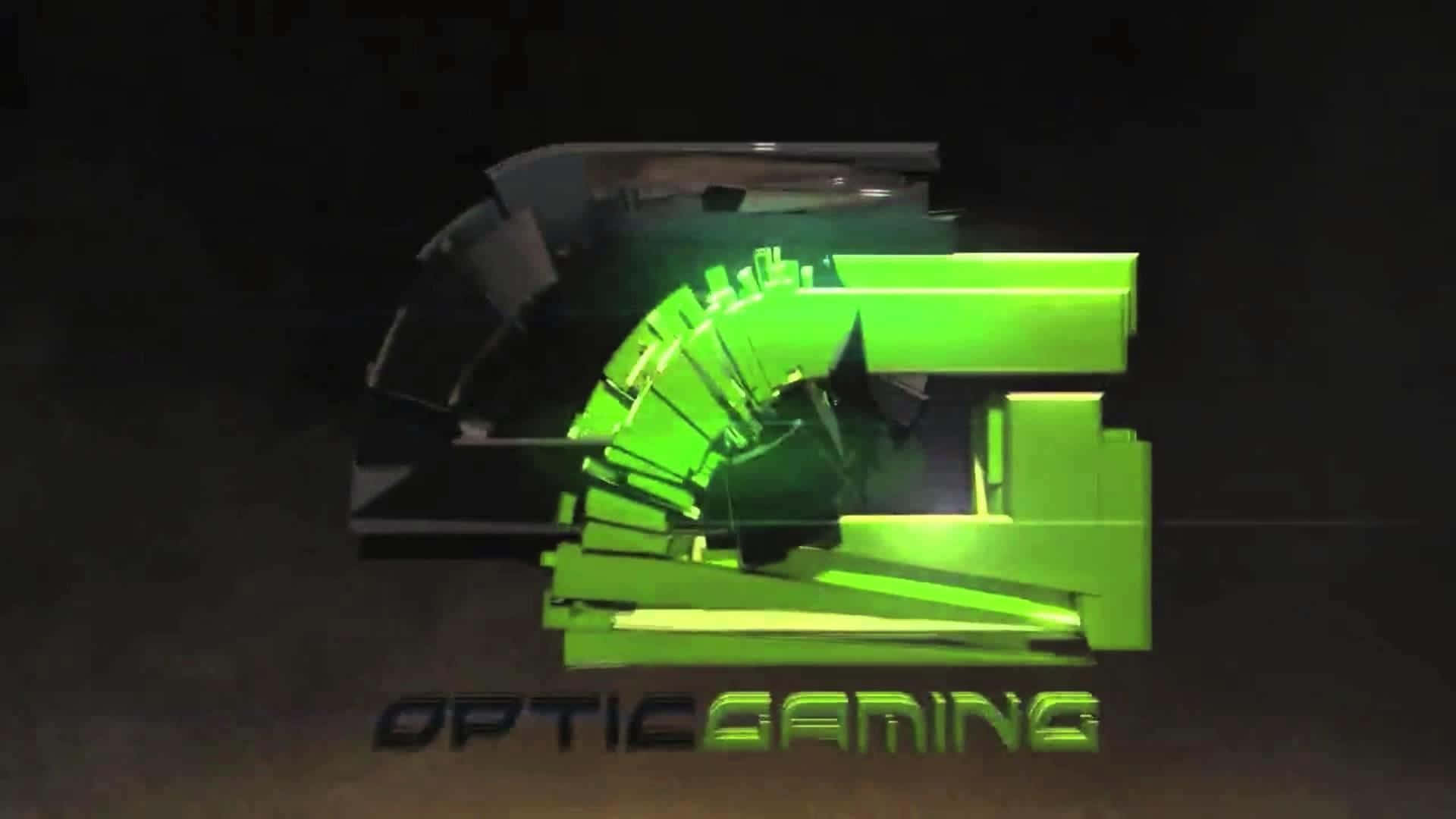  壁紙 — 一個發光的綠色碎片化標誌，用於 Optic Gaming，在深色紋理背景上脫穎而出。