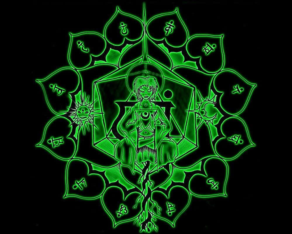 chakra 桌布 壁紙 — 一個發光的綠色神秘人物盤腿坐在一個裝飾有梵文符號的幾何曼陀羅中，背景為黑色。