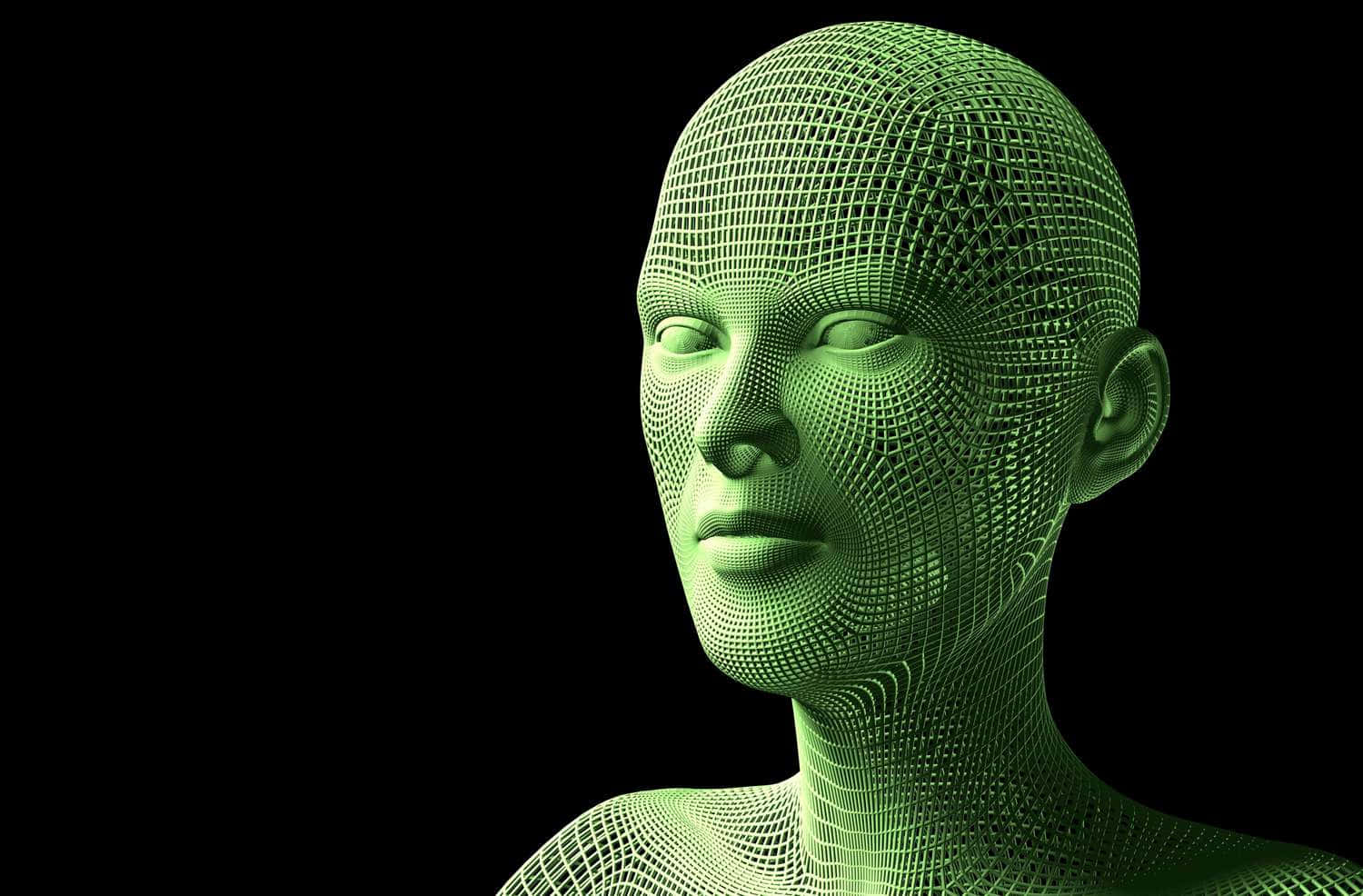 3d Modeling 桌布 壁紙 — 一個發光的綠色線框人頭和肩膀，襯托在純黑色背景上。