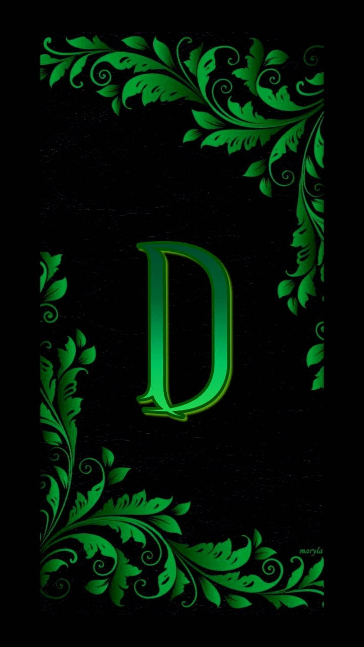 D 桌布 壁紙 — 一個發光的綠色華麗字母D，以旋轉的樹葉框在黑色背景上。