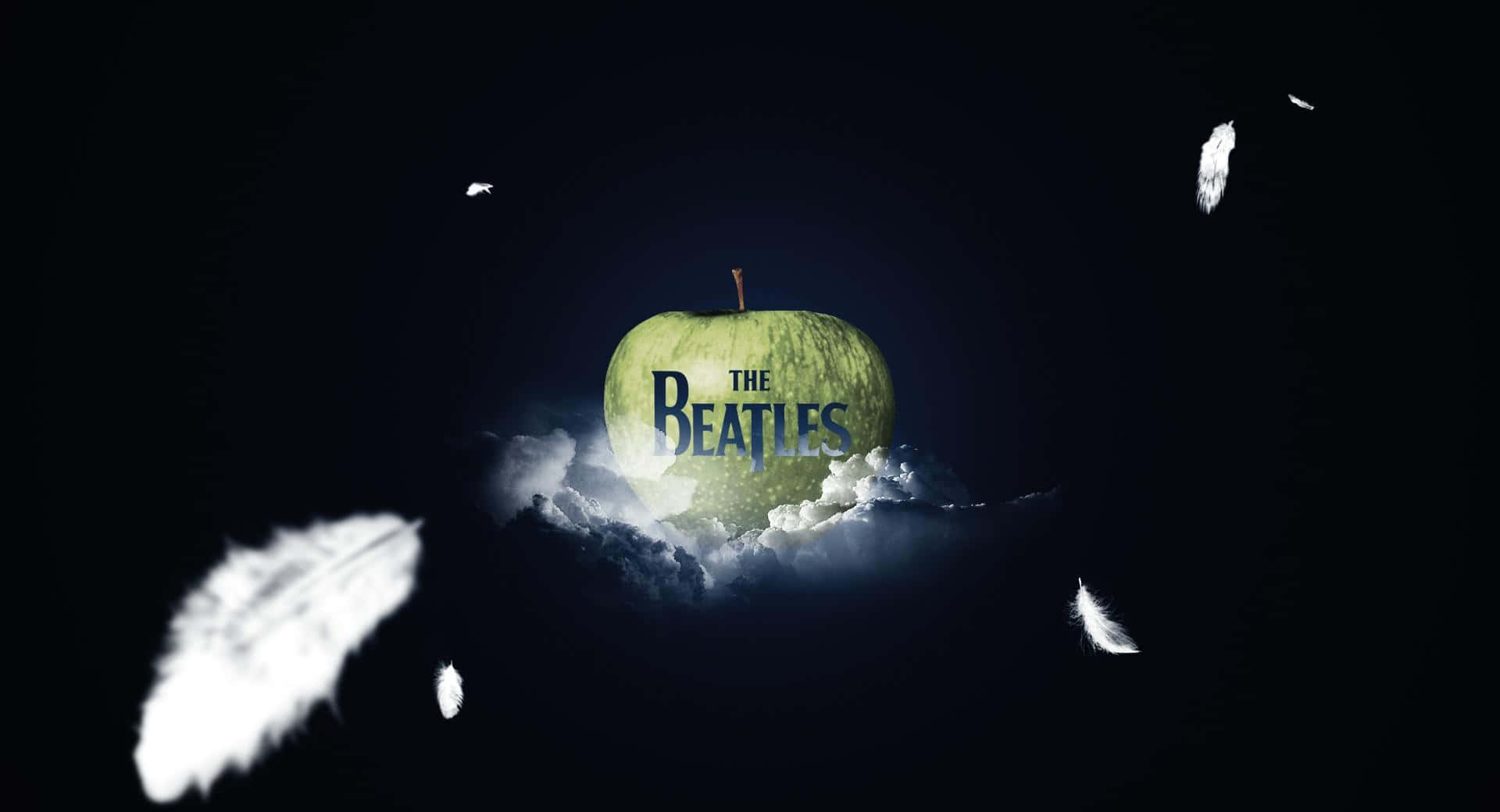 披頭四 桌布 壁紙 — 一個發光的綠色蘋果帶有The Beatles標誌，在黑暗虛空中漂浮於旋轉的雲朵和飄落的白色羽毛之間。