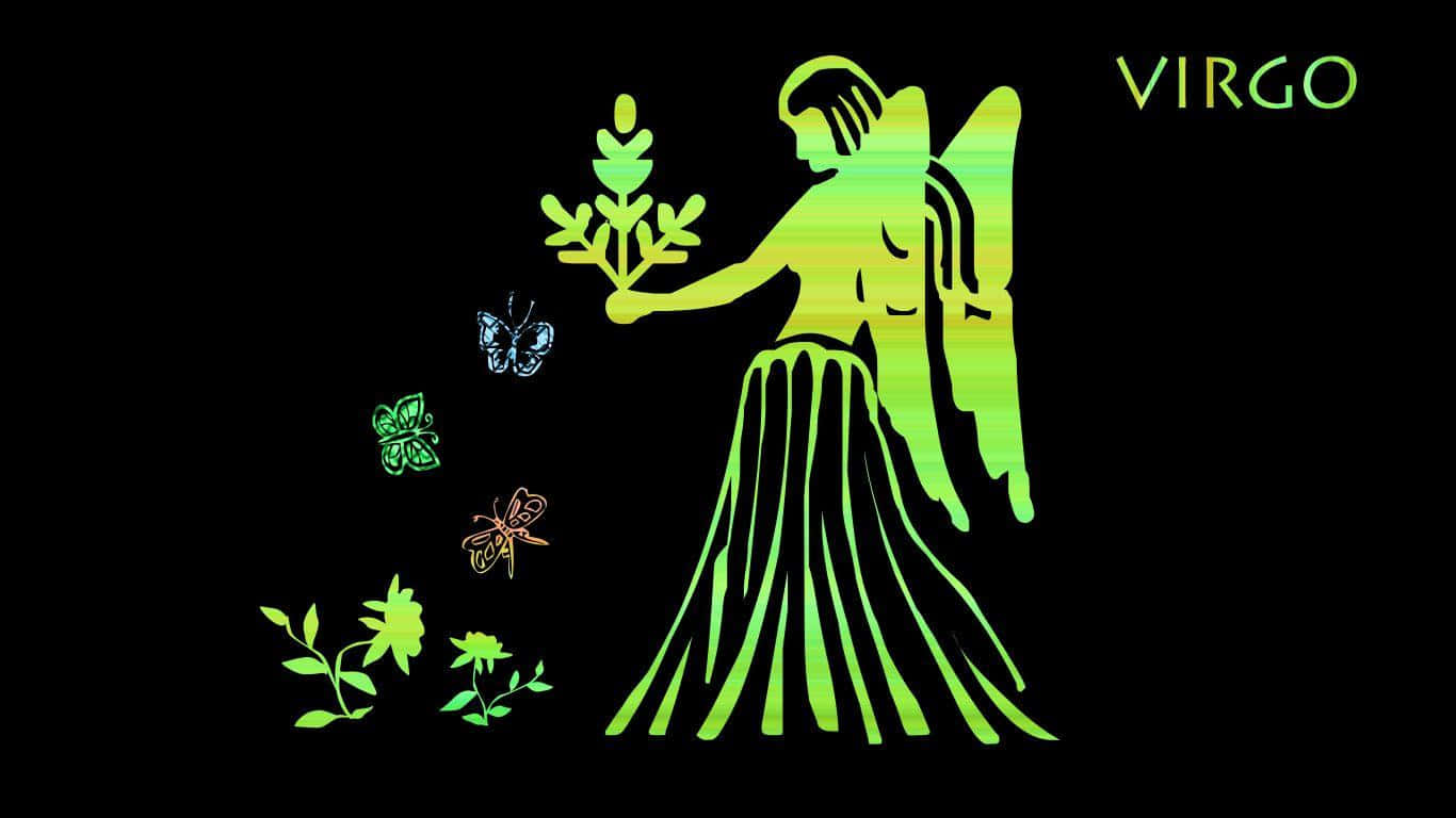 處女座 桌布 壁紙 — 一個發光的綠色處女座星座符號人物手持植物，蝴蝶和花朵在黑色背景周圍飛舞。