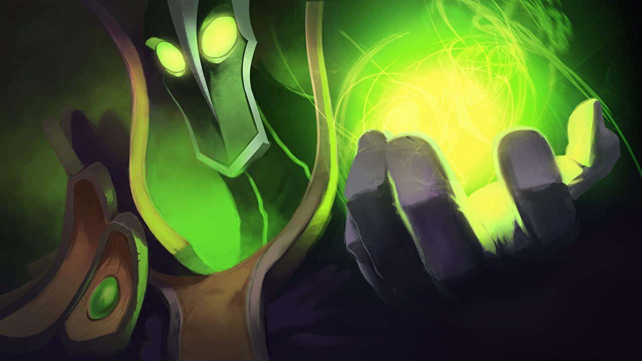 Rubick 桌布 壁紙 — 一個發光的綠色裝甲人物在黑暗神秘環境中手持一個輻射能量球。