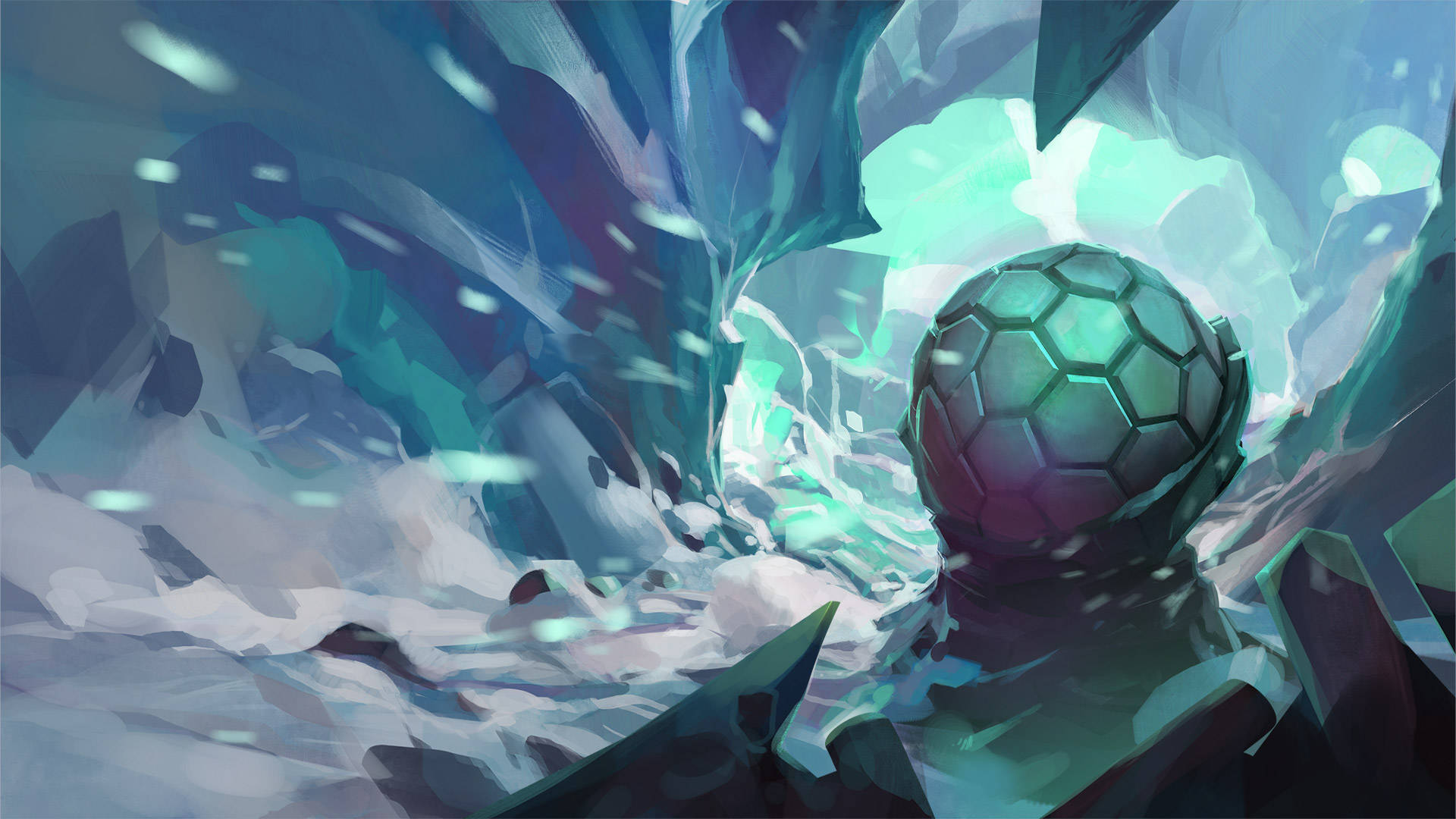 Runescape Dawnsphere 壁紙 — 一個發光的綠色足球放置在一個水晶洞穴中，周圍有鋸齒狀的藍色和青色冰層。