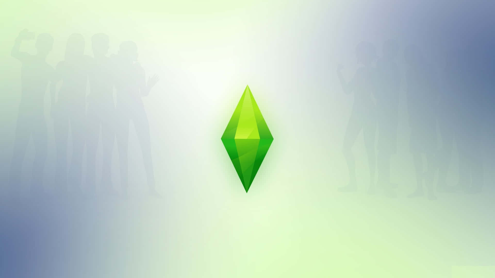 The Sims 4 桌布 壁紙 — 一個發光的綠色鑽石標誌居中，背景為柔和漸變色，兩側有模糊的人影剪影。
