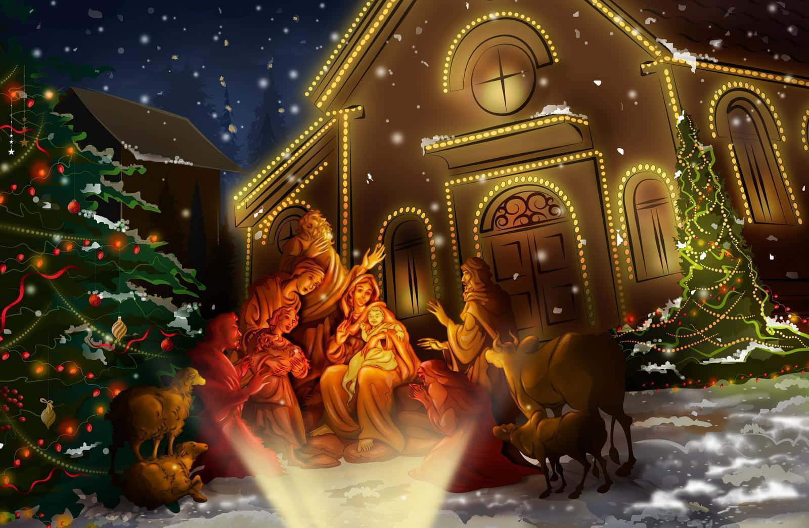 Nativity Scene 桌布 壁紙 — 一個發光的耶穌誕生場景在一個溫暖照亮的教堂前展開，雪夜中，周圍是裝飾的樹木和溫和的動物。
