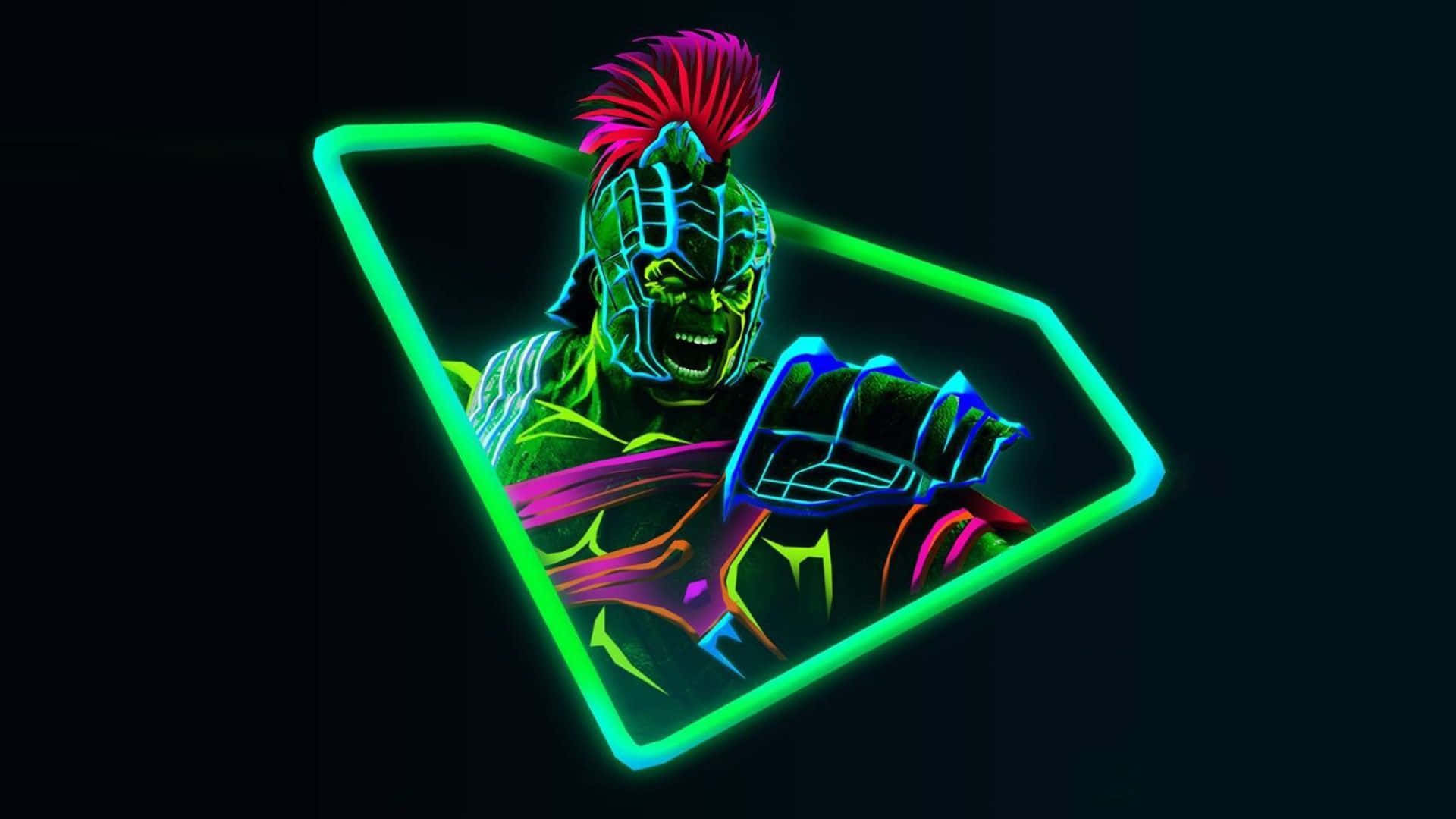 Neon Lights 桌布 壁紙 — 一個發光的莫霍克頭和盔甲的霓虹燈科幻戰士在深色背景上的綠色六邊形框架內咆哮。
