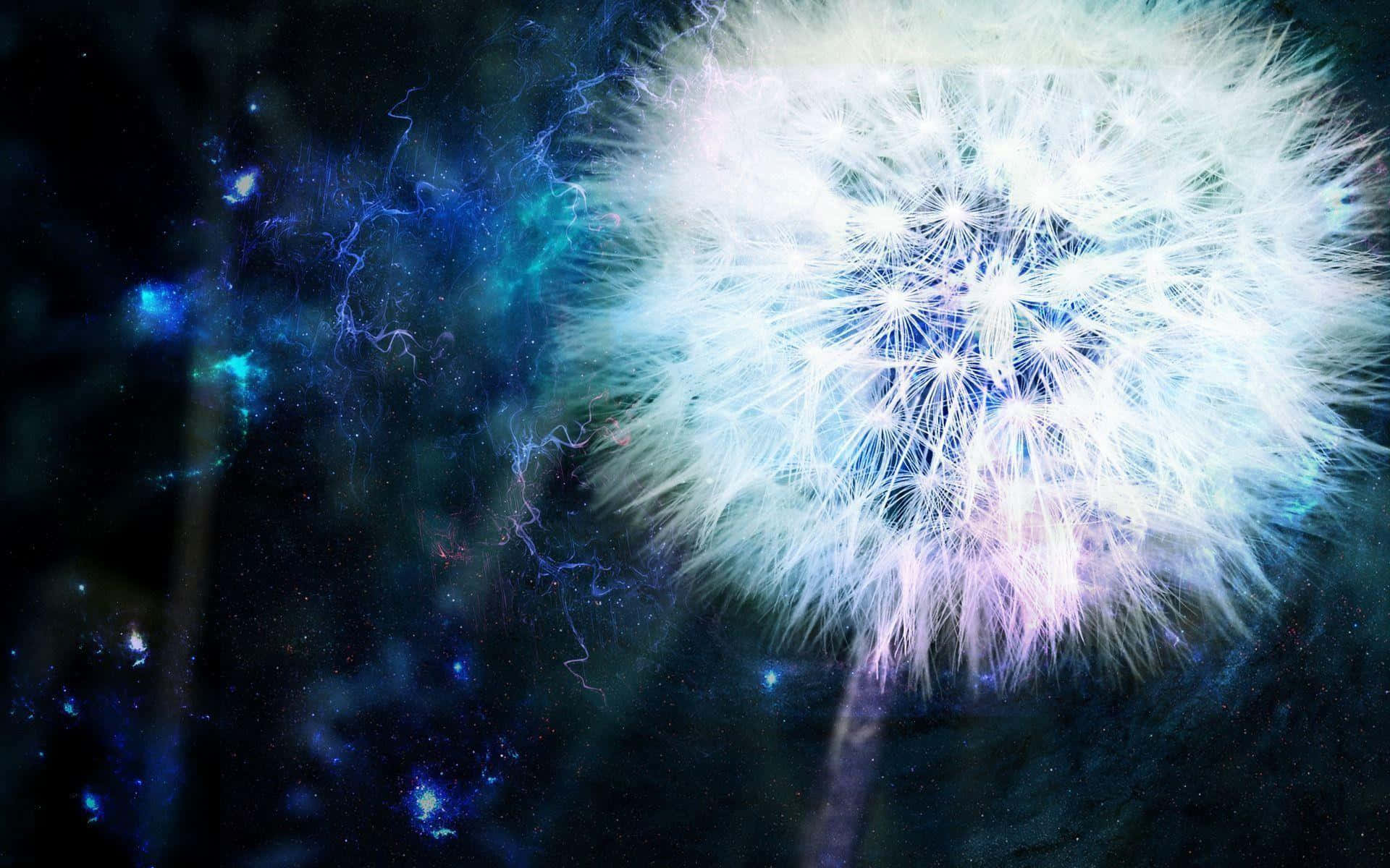 Dandelion 桌布 壁紙 — 一個發光的蒲公英種子頭漂浮在充滿活力的宇宙星雲中，帶有電藍色閃電和星團。