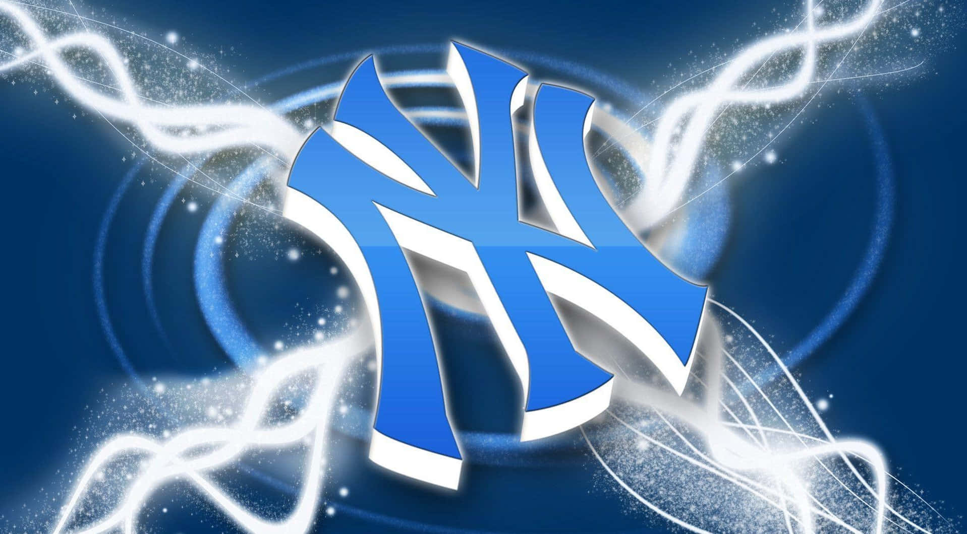 Yankees 桌布 壁紙 — 一個發光的藍白紐約洋基標誌，在深藍色背景上散發能量，伴隨著旋轉的光跡和閃爍的粒子。