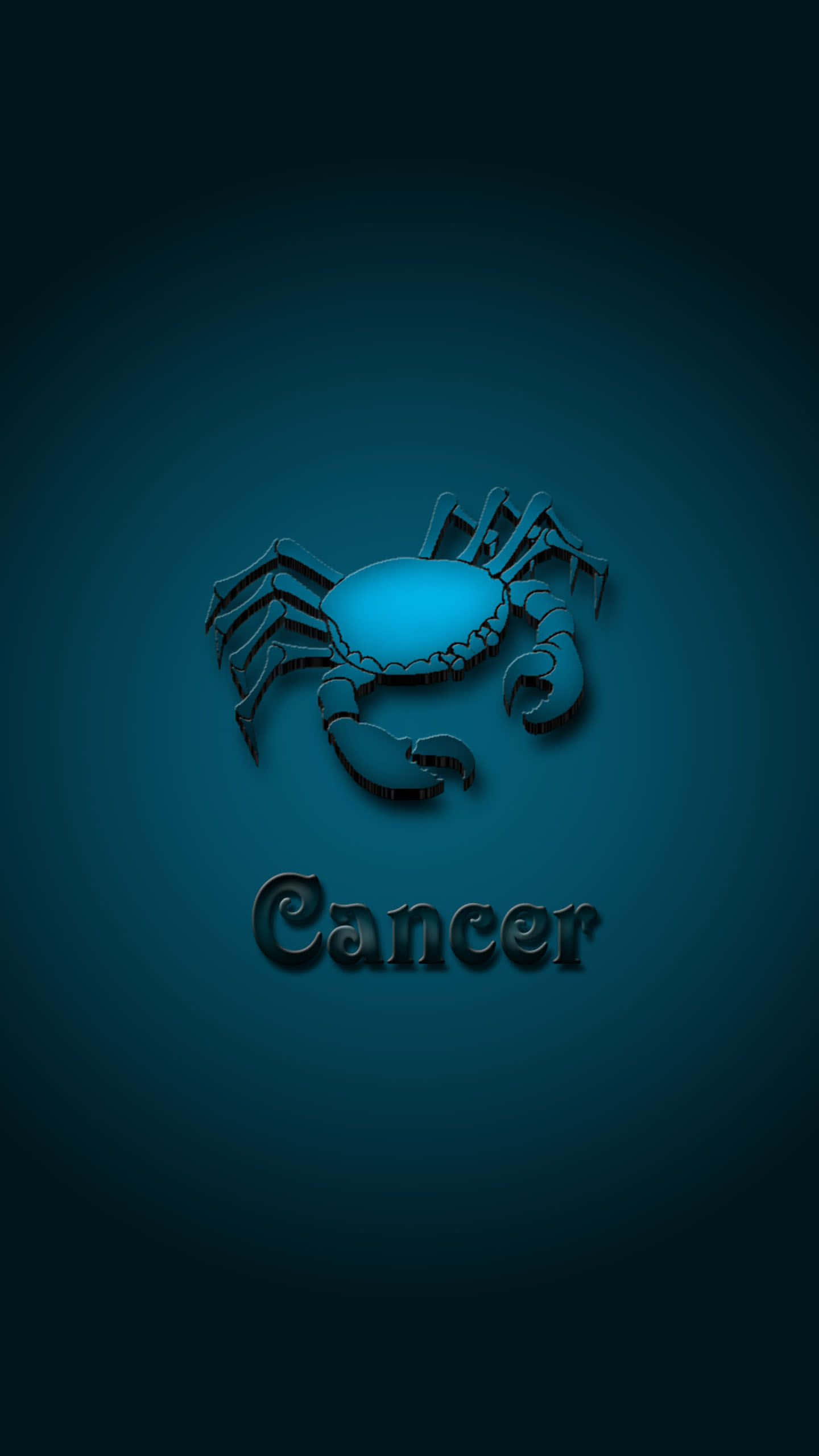 cancer 桌布 壁紙 — 一個發光的藍色3D巨蟹座星座符號，居中於深藍綠色漸變背景上，下方有Cancer字樣。