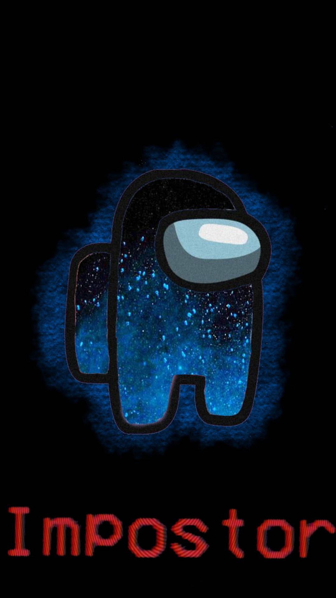 Among US 桌布 壁紙 — 一個發光的藍色Among Us冒名頂替者角色，充滿星星，黑色背景上有紅色'Impostor'文字。