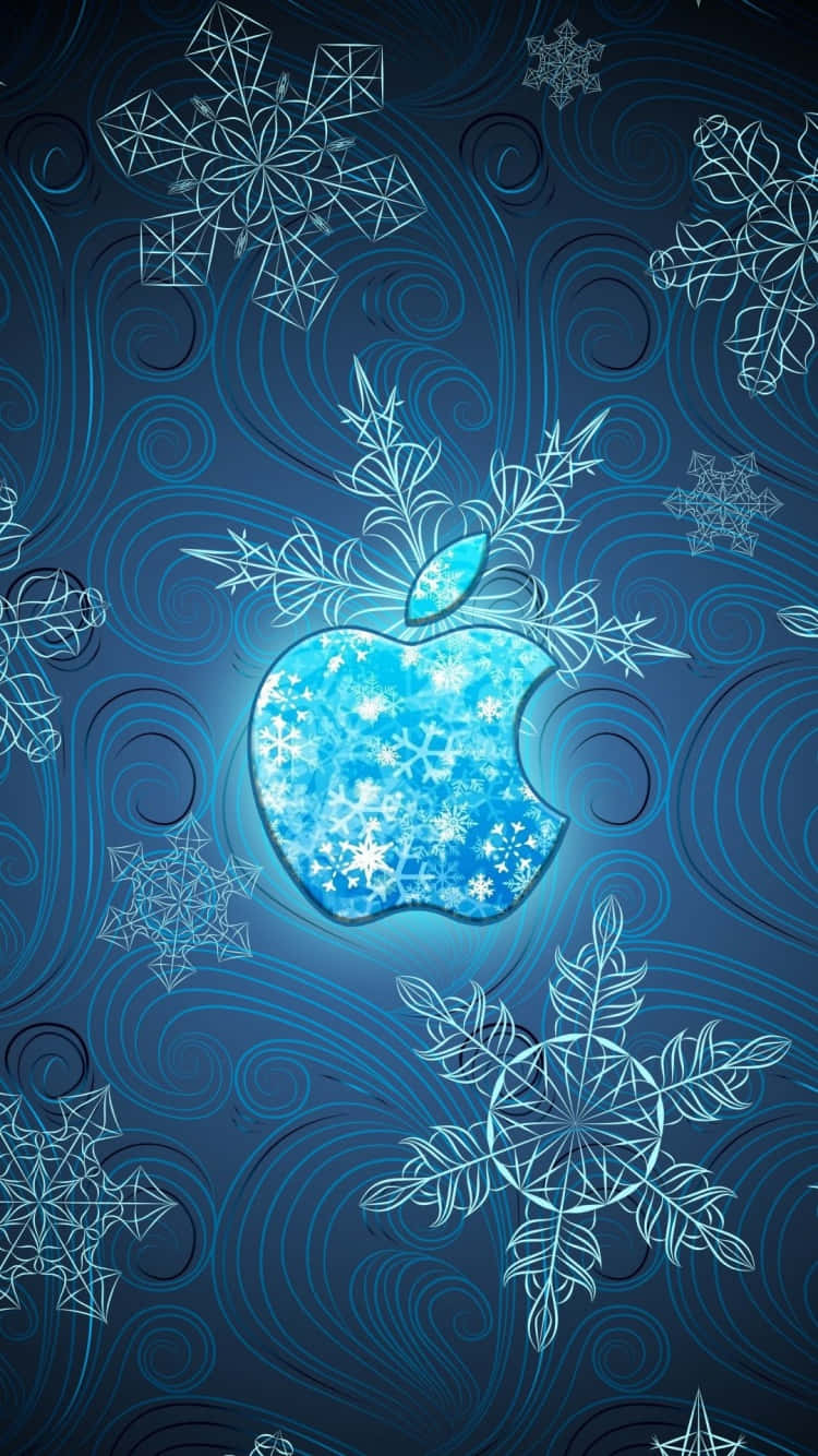iPhone 7 桌布 壁紙 — 一個發光的藍色Apple標誌，裡面充滿雪花，在深藍色背景上，漂浮在旋轉的冬季圖案和輪廓雪花之間。