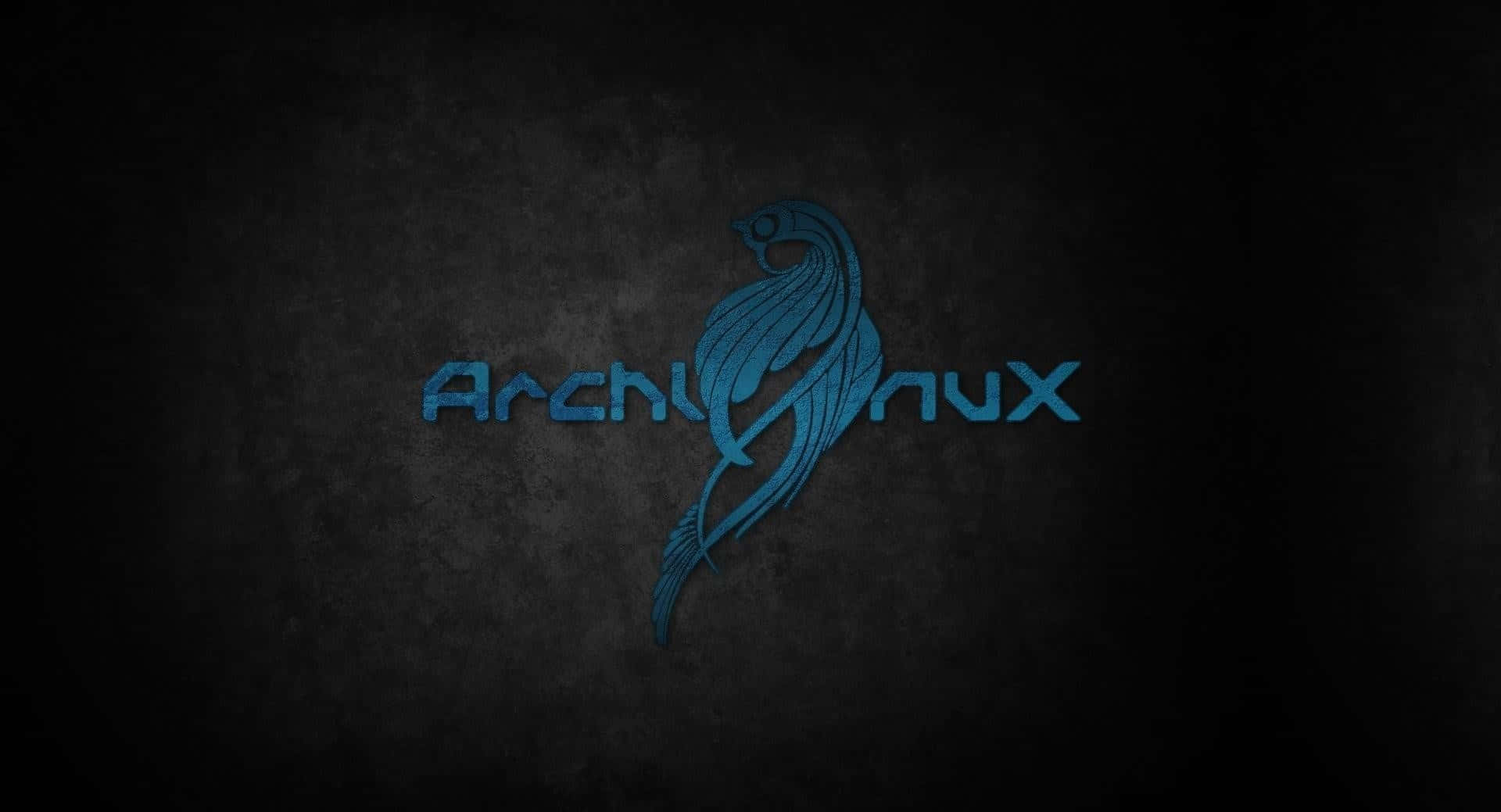 Arch Linux 桌布 壁紙 — 一個發光的藍色Arch Linux標誌，帶有風格化的鳥，融入深色紋理背景上的文字中。