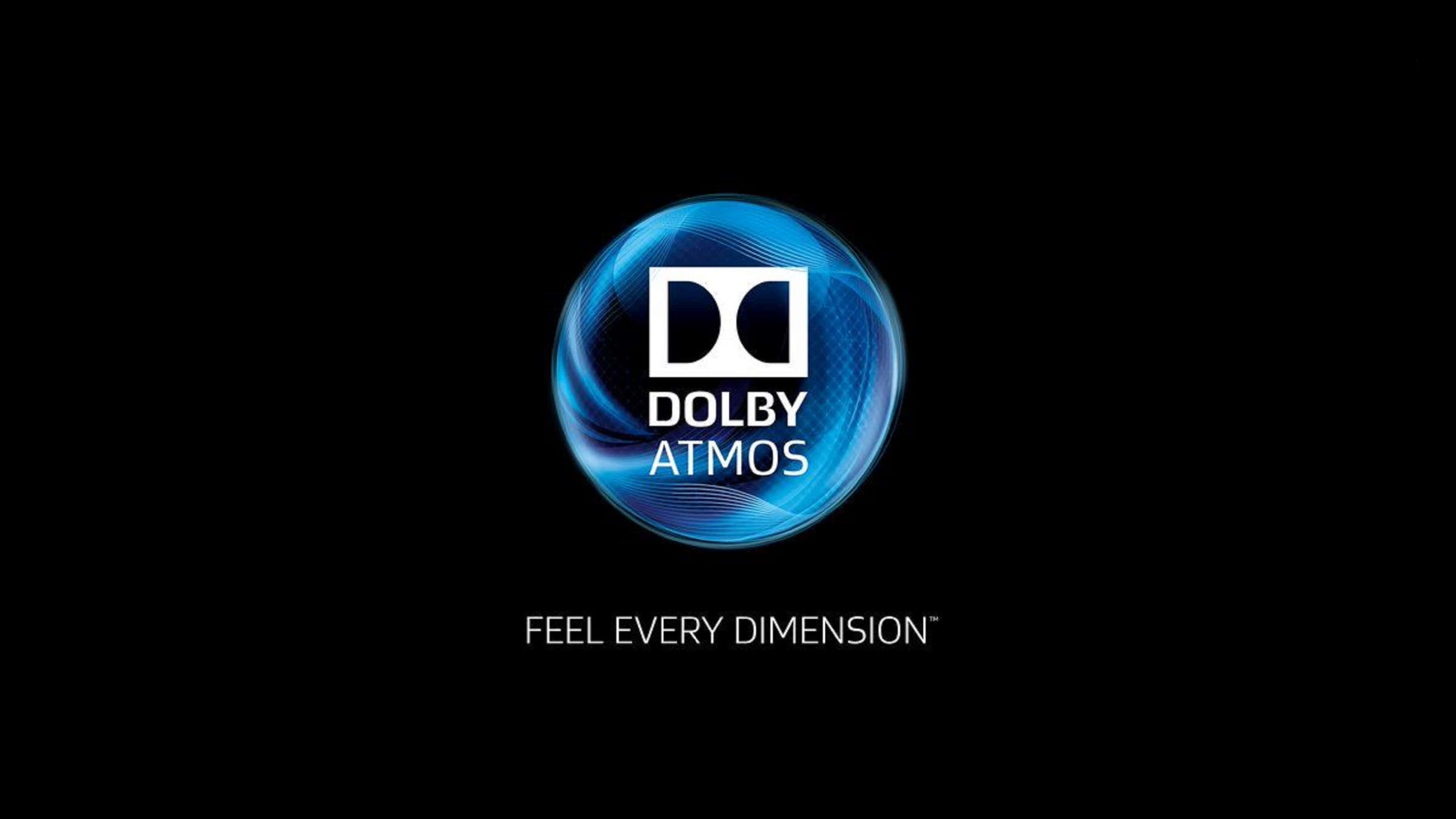 4K Dolby Vision 桌布 壁紙 — 一個發光的藍色Dolby Atmos標誌，帶有旋轉的光效，居中在黑色背景上，下方有白色文字。