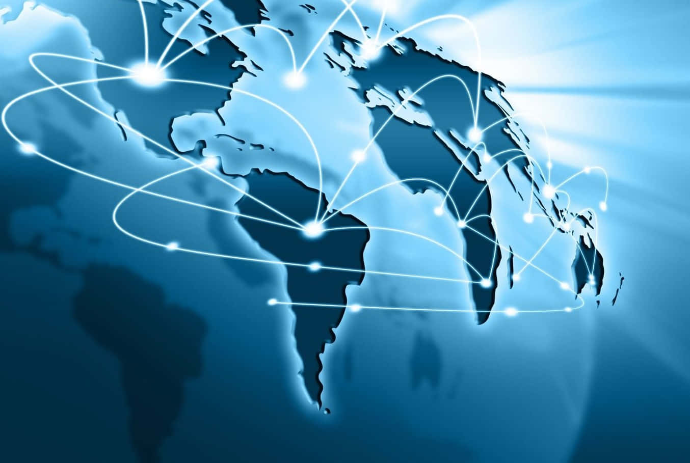 Global 桌布 壁紙 — 一個發光的藍色世界地圖，帶有明亮的白色連接線在大陸之間輻射，象徵全球數碼網絡。