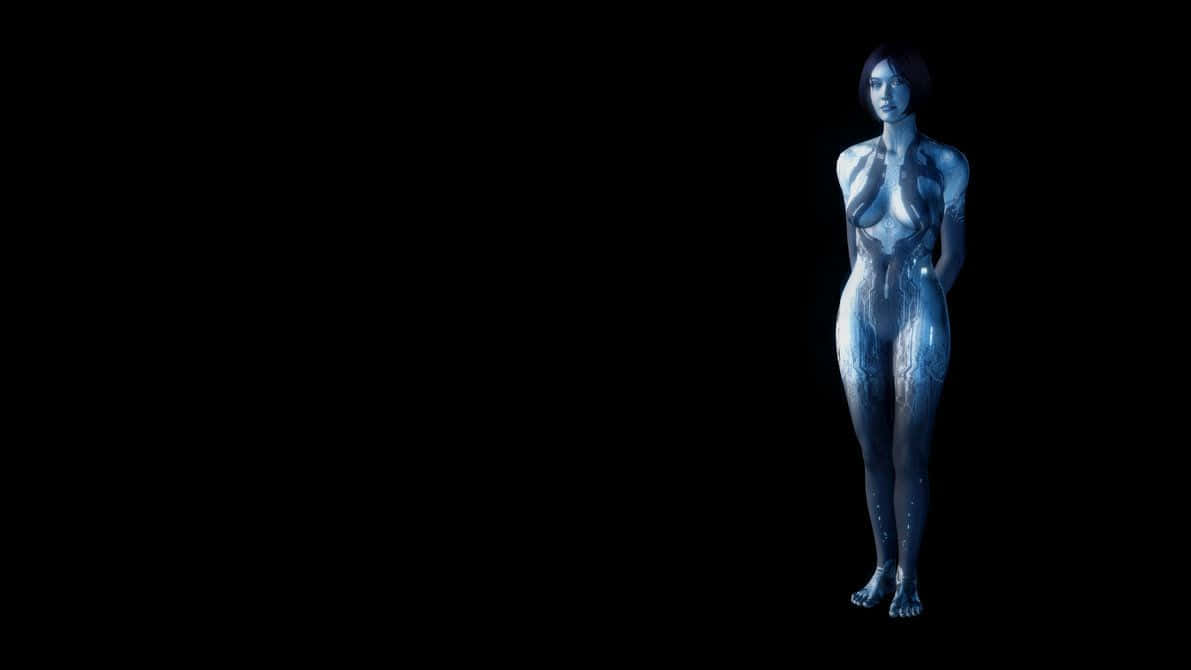 Halo Cortana 桌布 壁紙 — 一個發光的藍色人形身影獨自站立在漆黑虛空中，皮膚上有複雜的光紋。