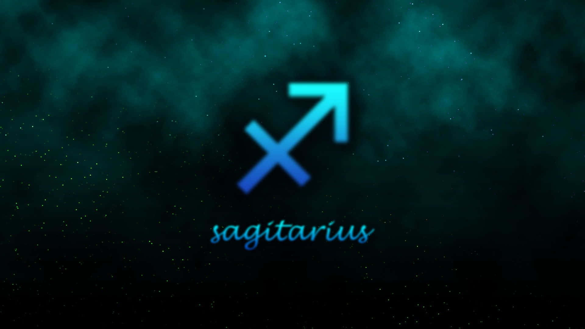 人馬座 桌布 壁紙 — 一個發光的藍色人馬座星座符號在深藍綠色星空宇宙背景中閃耀。