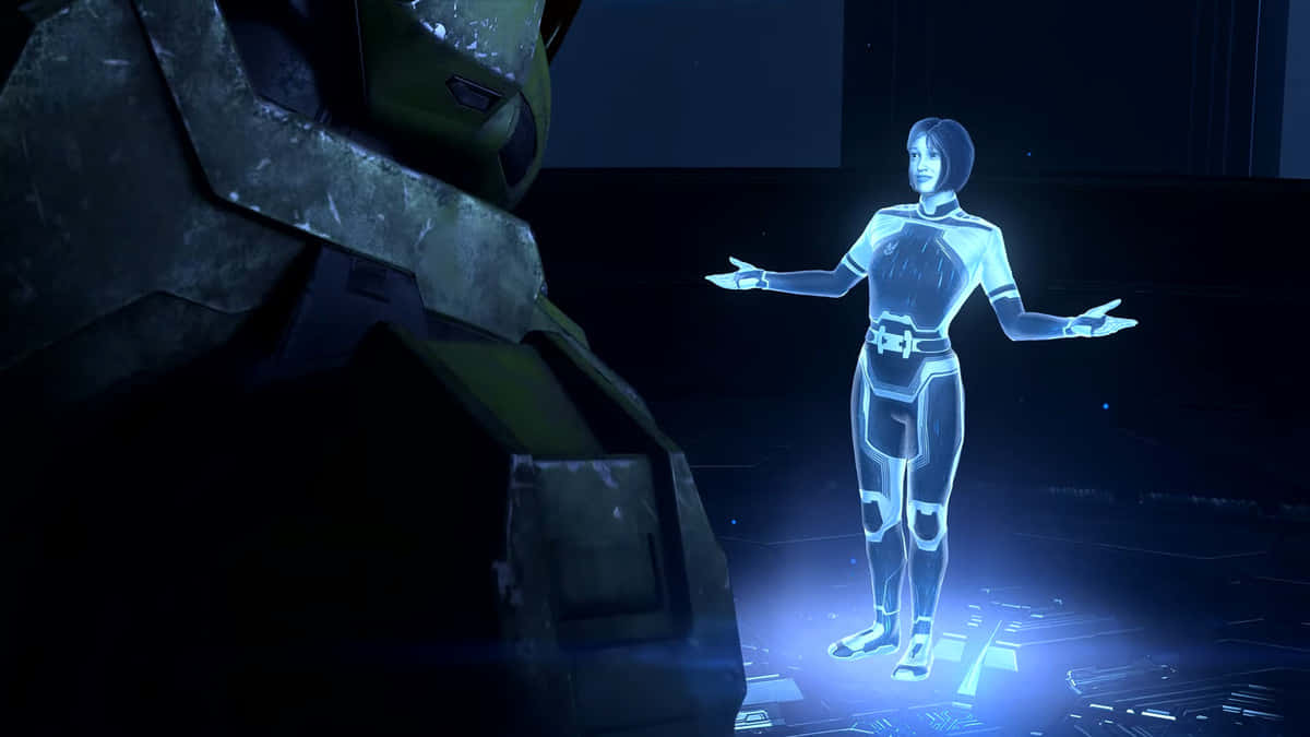 Halo Cortana 桌布 壁紙 — 一個發光的藍色全息女性在昏暗的未來房間中張開雙臂站在一個巨大的黑色機甲旁邊。