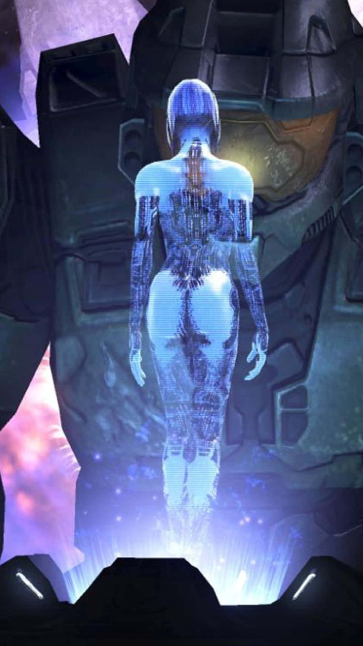 Halo Cortana 桌布 壁紙 — 一個發光的藍色全息女性身影站在一個巨大的裝甲頭盔前，背景是科幻設定。