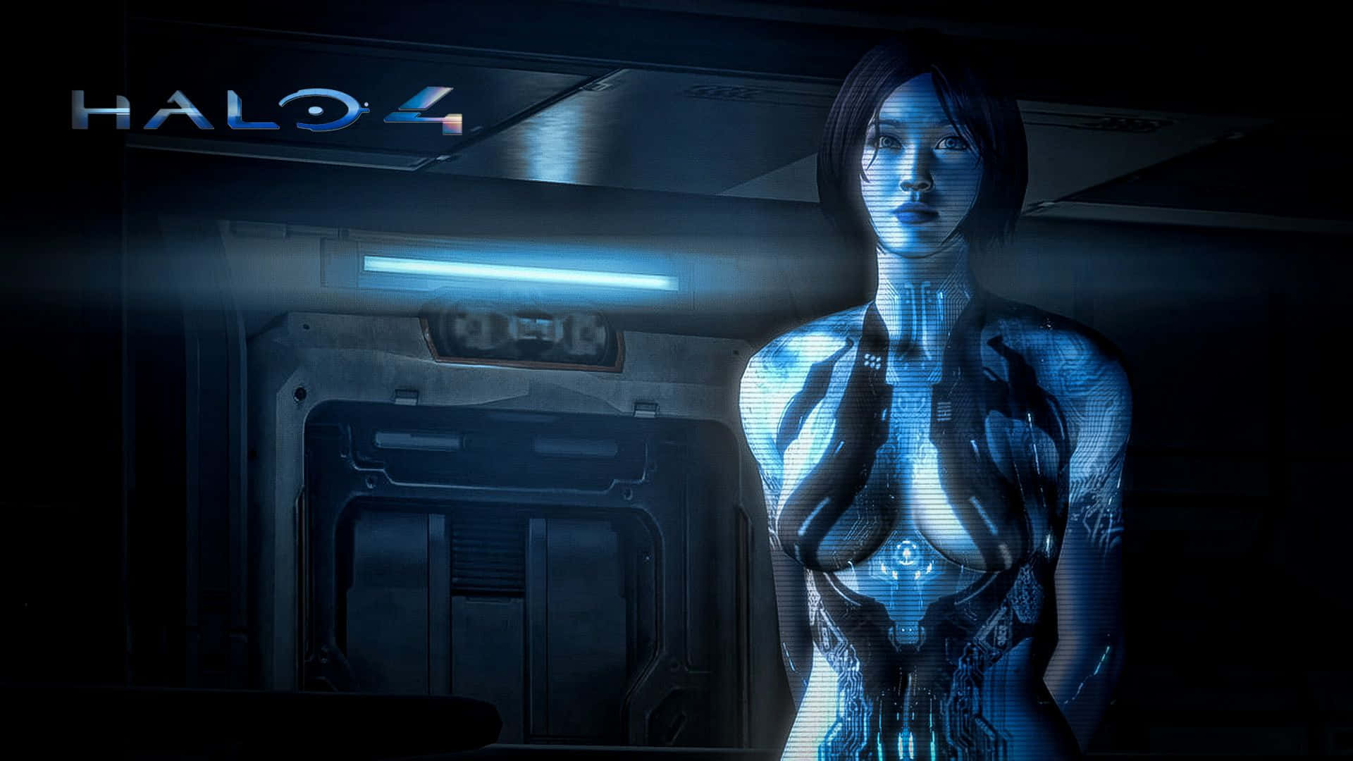 Halo Cortana 桌布 壁紙 — 一個發光的藍色全息女性身影站在昏暗的未來太空船走廊中，可見「HALO 4」標誌。