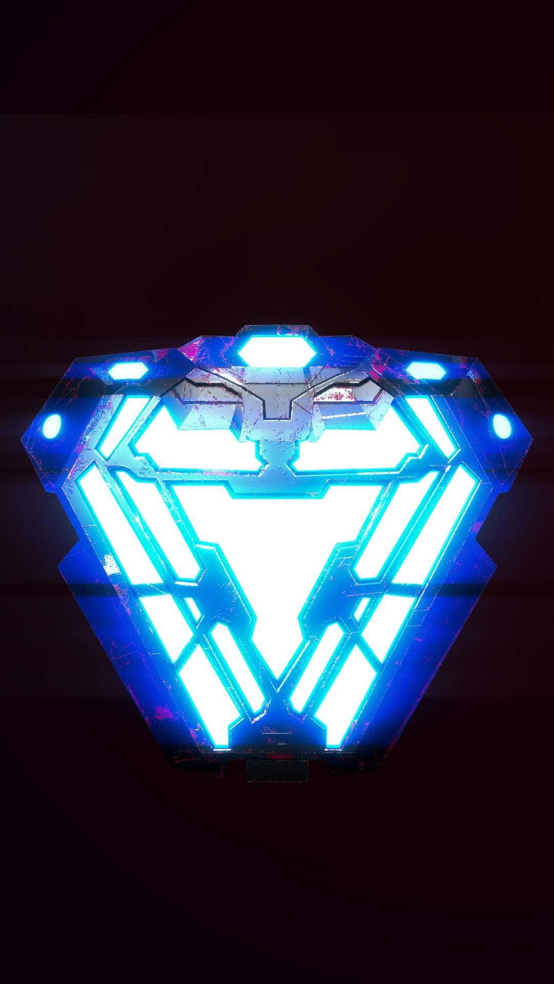 Iron Man Arc Reactor 桌布 壁紙 — 一個發光的藍色六邊形未來感裝置，帶有明亮的霓虹燈光，背景為深色。