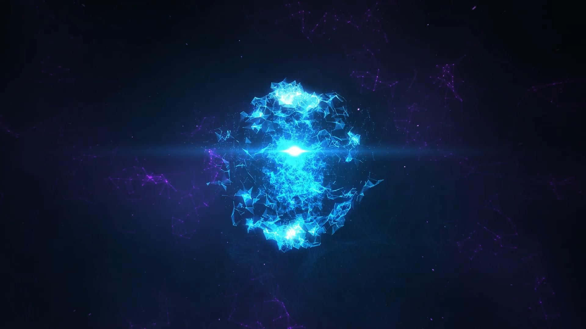 Game Animation 桌布 壁紙 — 一個發光的藍色分形能量球體在黑暗的宇宙背景下脈動，伴隨著紫色星雲的絲縷。