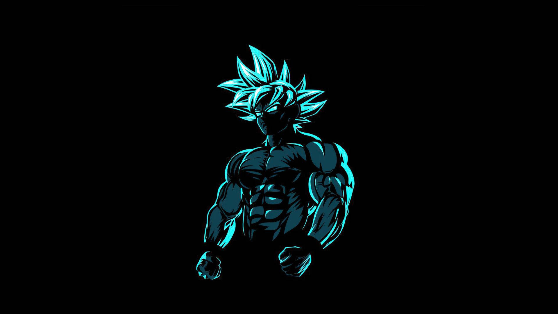發光藍色動漫戰士，尖刺頭髮，肌肉發達，黑色背景。 — 黑色動畫gif 壁紙
