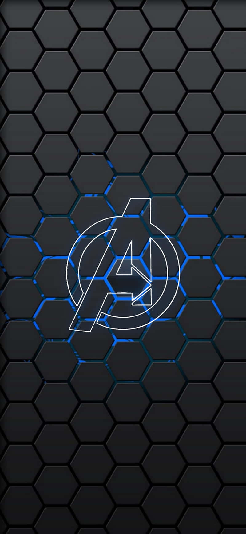 Dark Avengers 桌布 壁紙 — 一個發光的藍色和白色復仇者聯盟標誌，置中在深色六邊形網格圖案牆紙上。