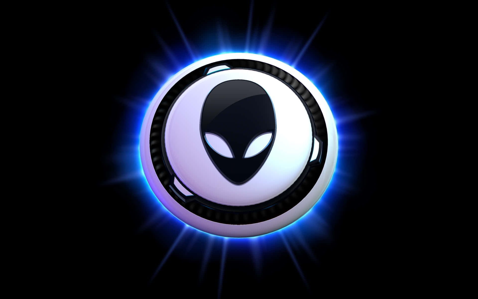 Cartoon Alien 桌布 壁紙 — 一個發光的藍色圓形徽章，中央有一個黑色的外星人頭部，背景為深色。