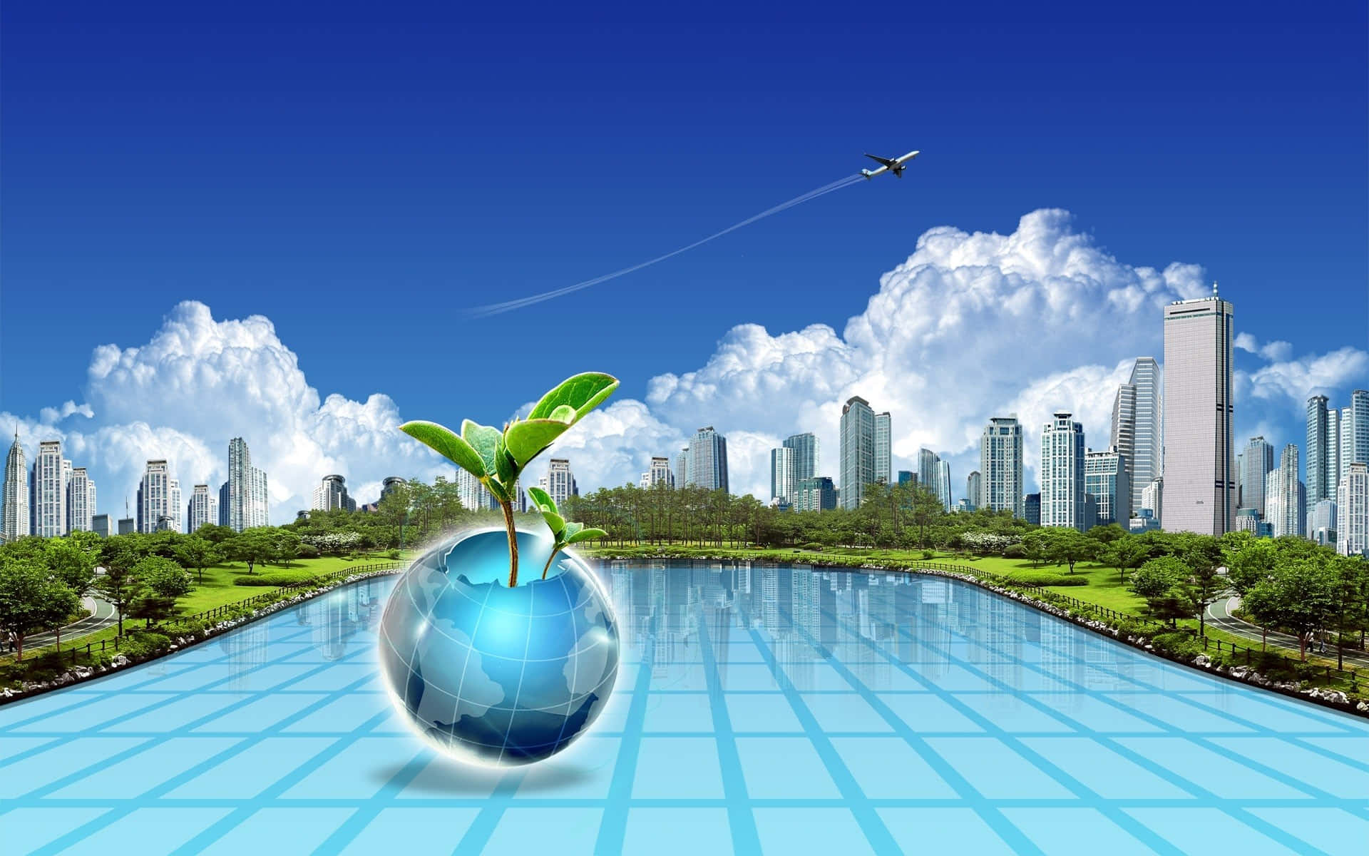 Eco-tourism 桌布 壁紙 — 一個發光的藍色地球儀，上面長出一株綠色植物，放在一個反射池中，背景是現代城市天際線，天空湛藍，有一架飛機飛過。