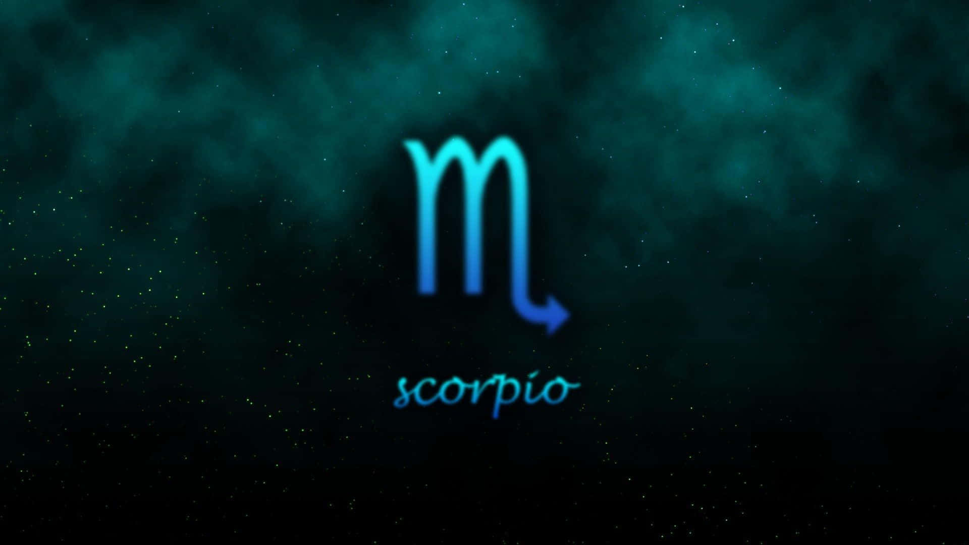 zodiac 桌布 壁紙 — 一個發光的藍色天蠍座星座符號漂浮在深藍綠色星空宇宙背景上。
