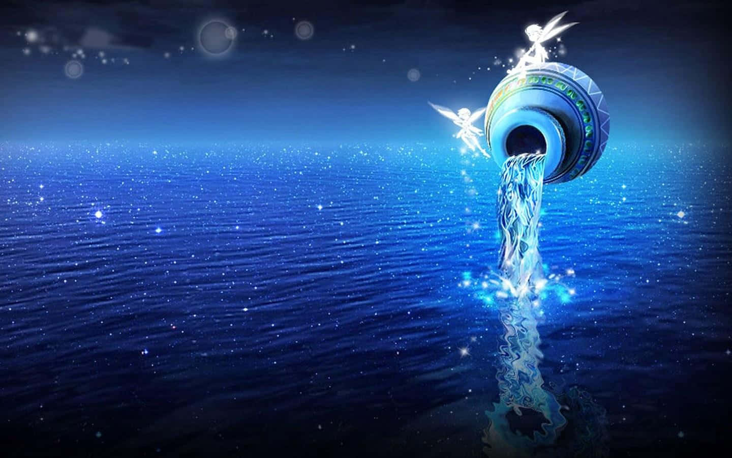 aquarius 桌布 壁紙 — 一個發光的藍色天體甕在黑暗的天空下，將閃閃發光的水倒入星海，空中漂浮著球體。