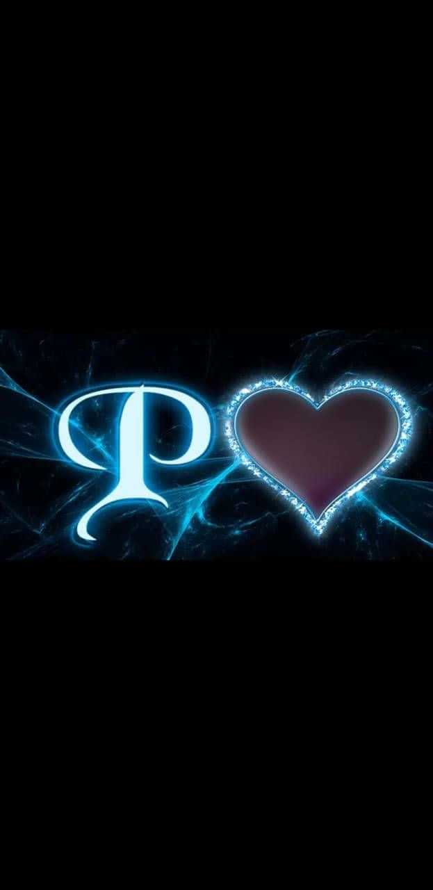 p 桌布 壁紙 — 一個發光的藍色字母P和心形符號在黑暗的宇宙背景上漂浮，伴隨著電能流。