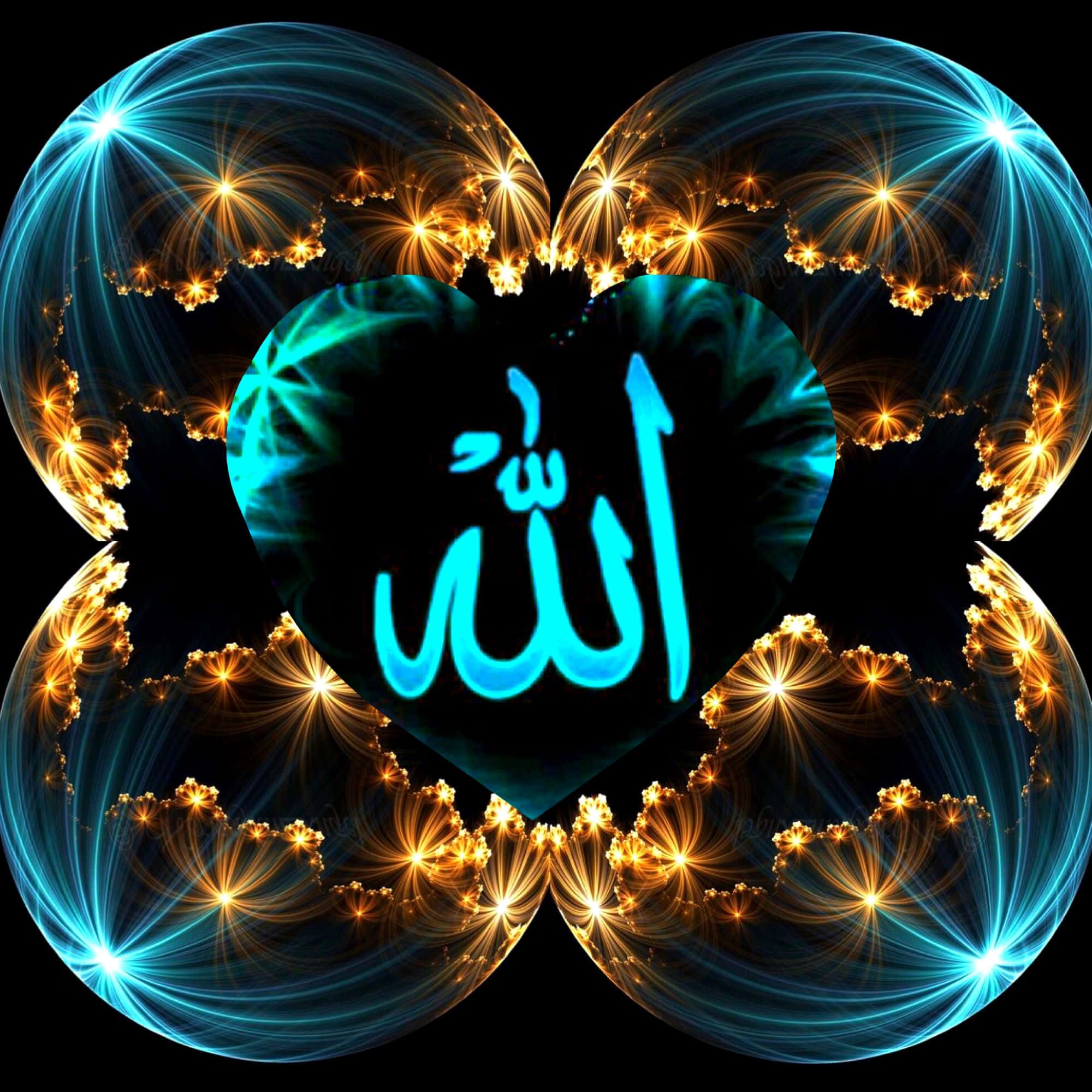 Allah 桌布 壁紙 — 一個發光的藍色心形帶有阿拉伯文字，從四個分形球體輻射出來，背景為黑色。