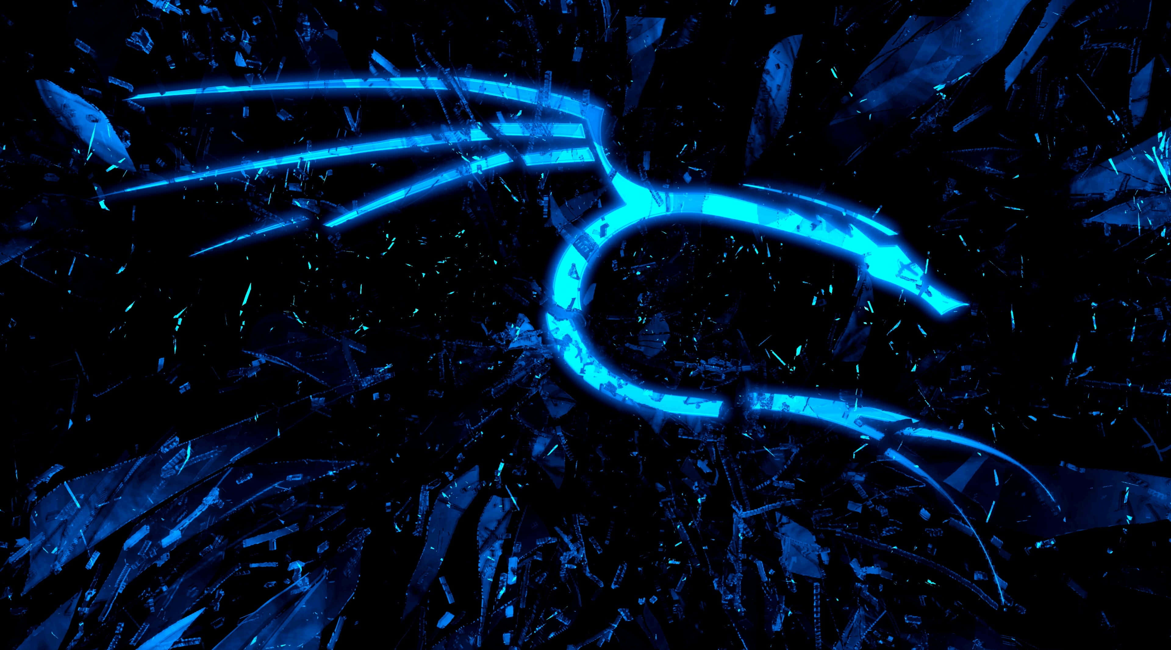 Kali Linux Logo 壁紙 — 一個發光的藍色抽象符號從破碎的玻璃碎片中浮現，背景為深色。