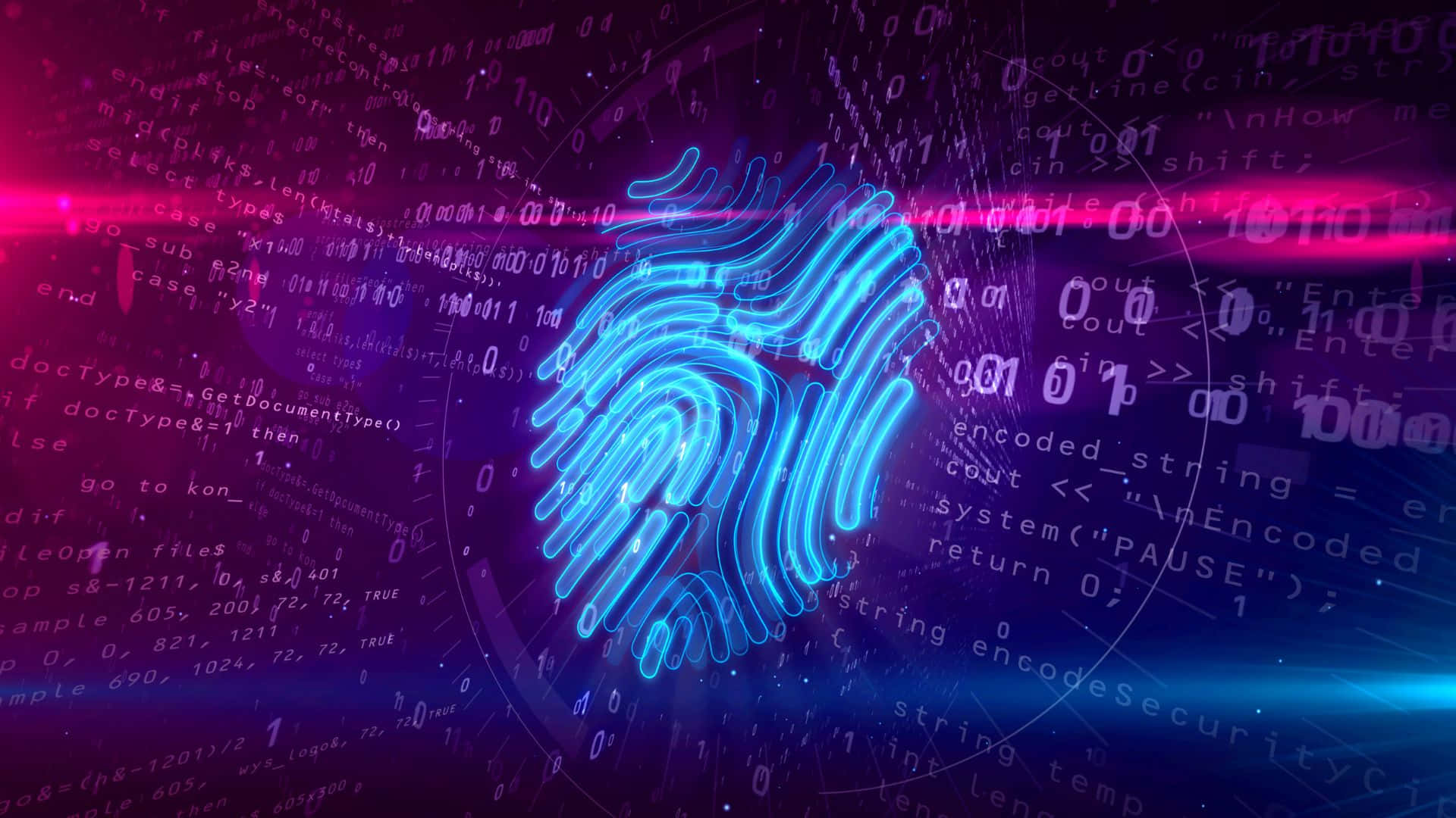 Fingerprint 桌布 壁紙 — 一個發光的藍色指紋漂浮在數碼代碼和紫色光線的瀑布中，構成一個未來主義的網絡場景。