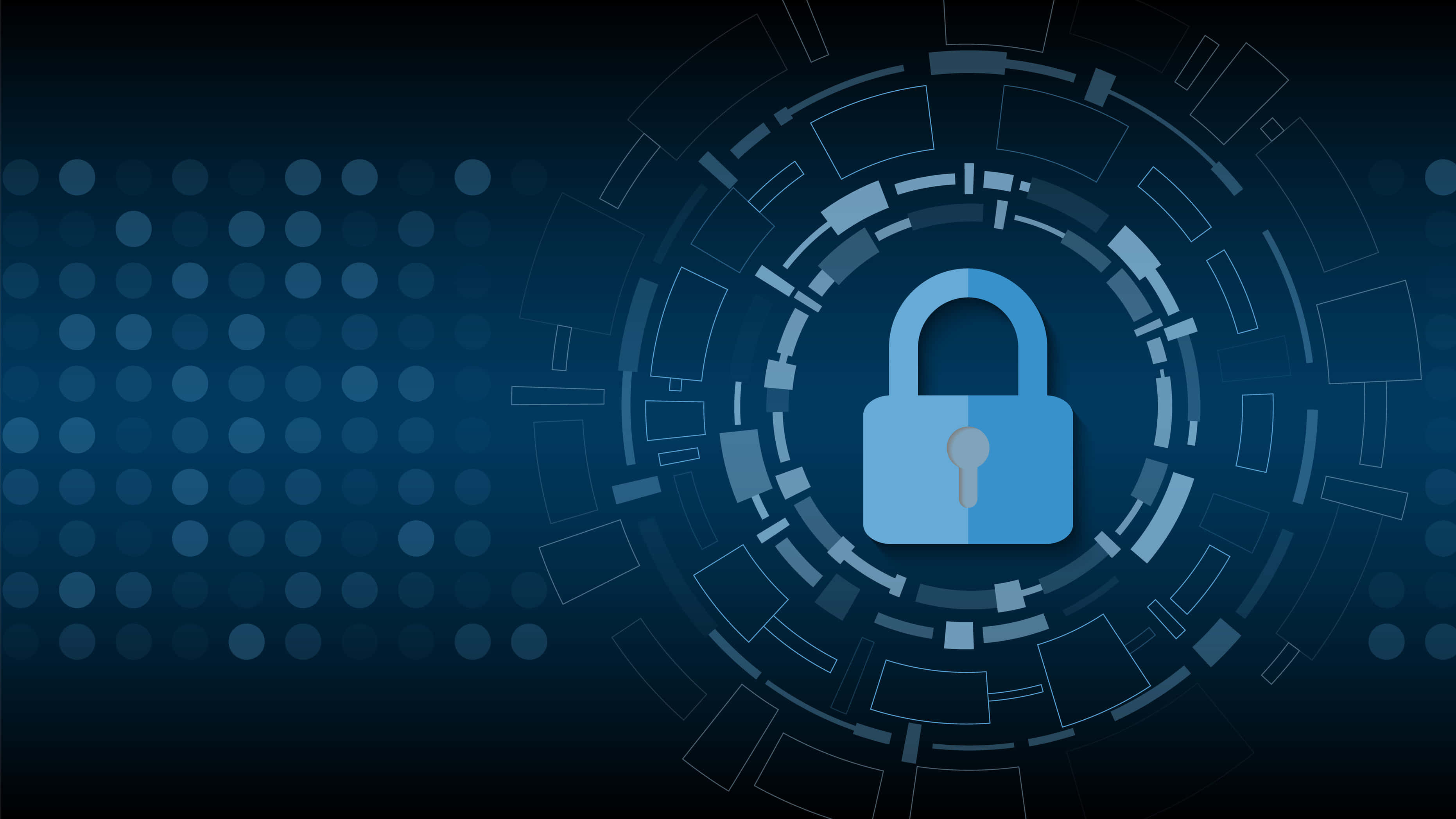 security 桌布 壁紙 — 一個發光的藍色掛鎖，位於未來感數位介面的中心，帶有同心科技圖案，背景為深藍色。