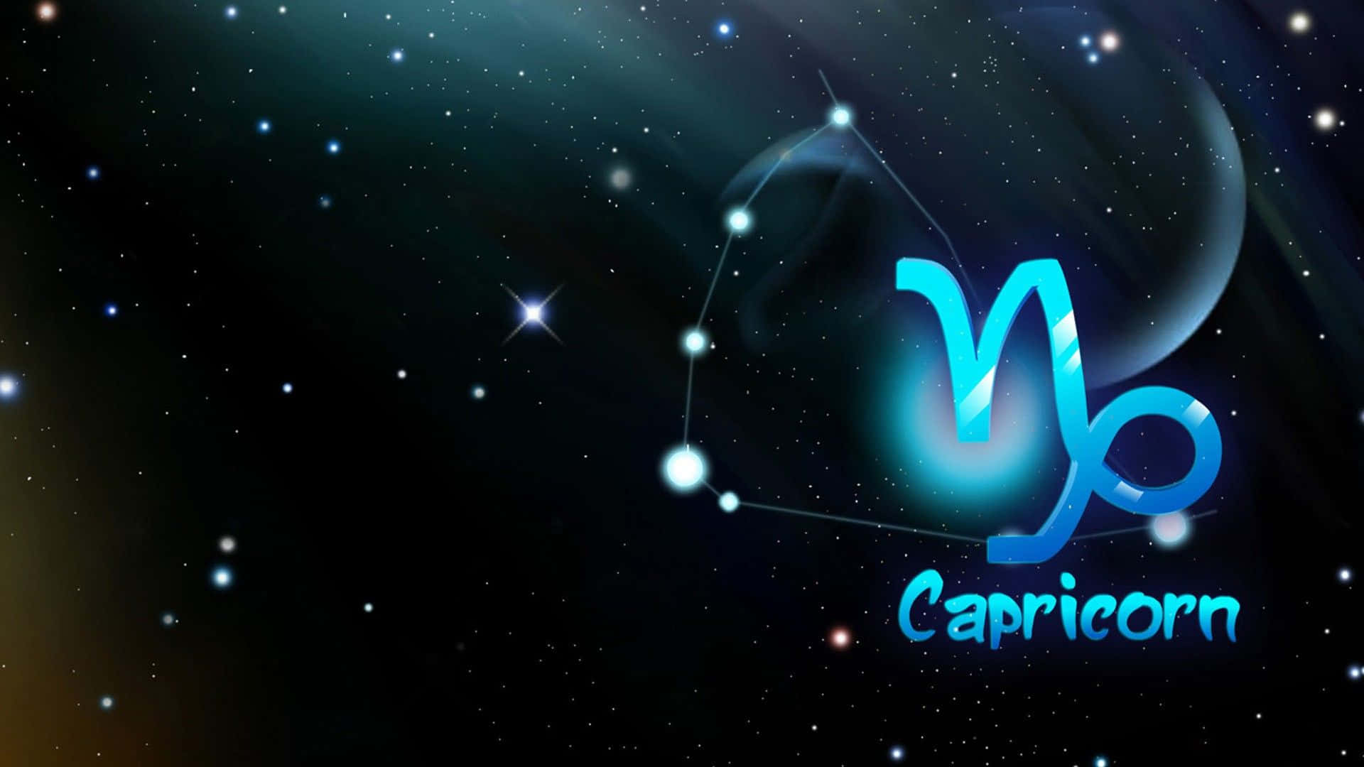 山羊座 桌布 壁紙 — 一個發光的藍色摩羯座星座符號在星空宇宙背景中閃耀，伴隨著一彎新月。