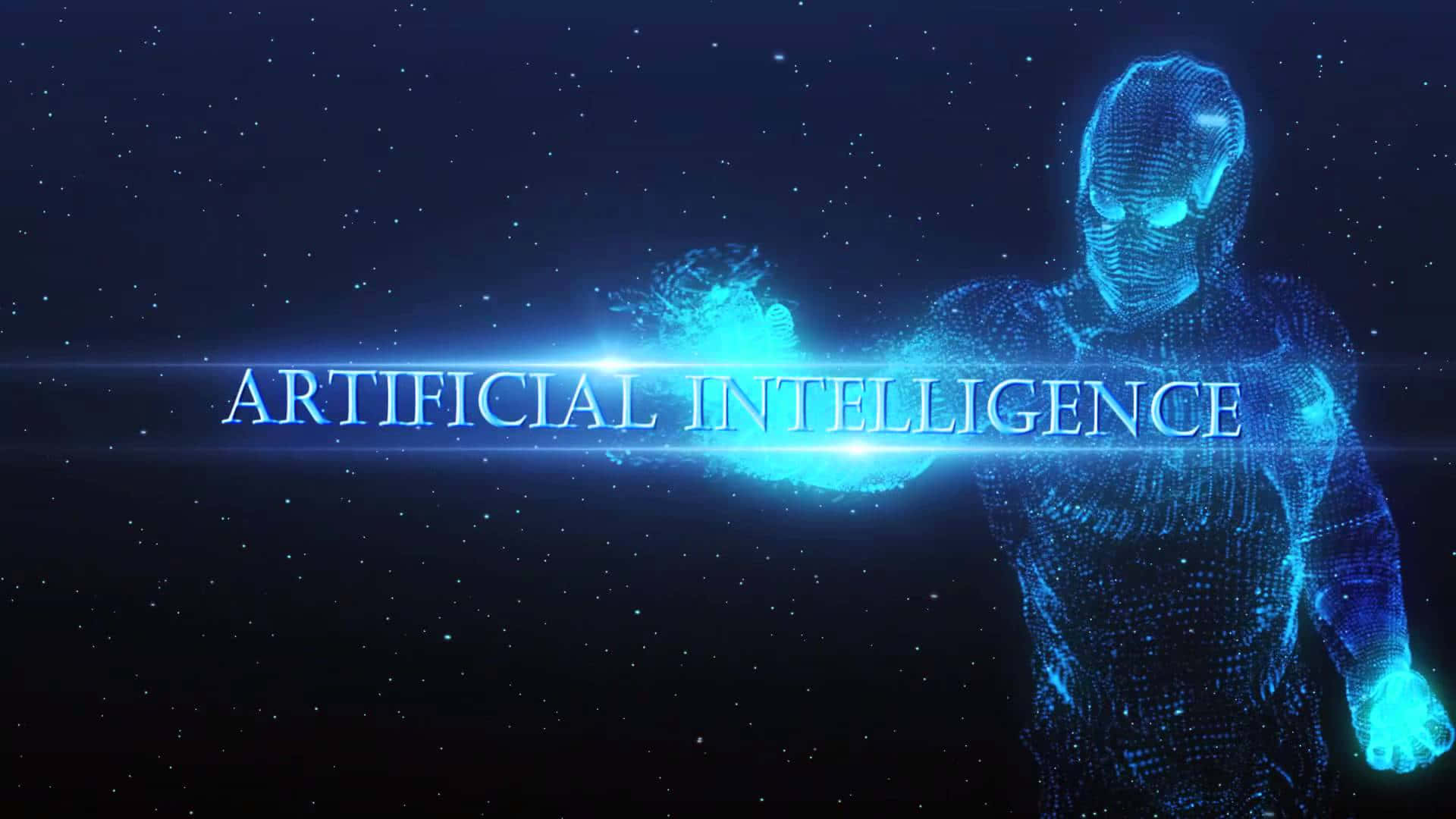 AI 桌布 壁紙 — 一個發光的藍色數位人形角色在繁星宇宙背景下向人工智能文字伸出手。