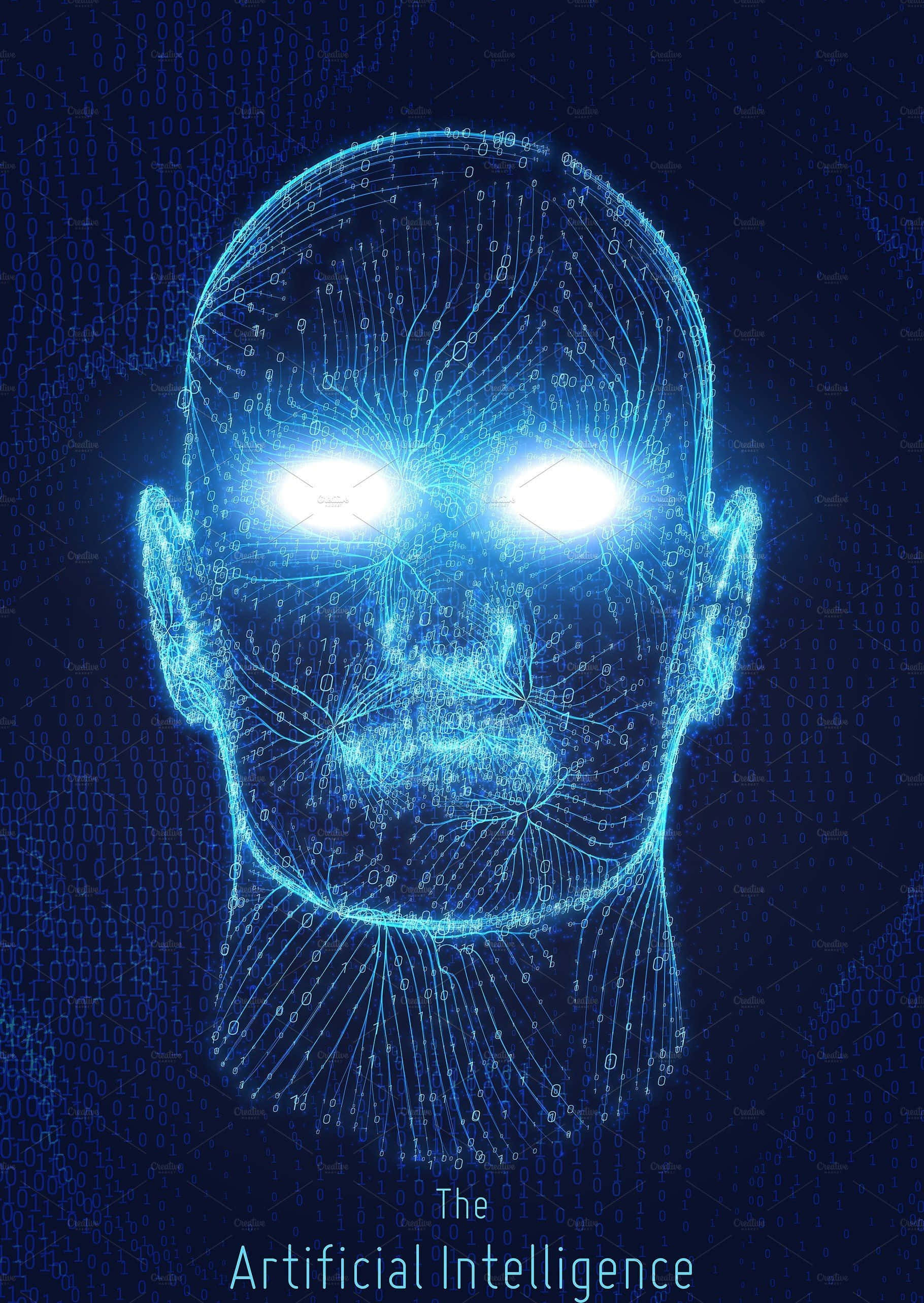 artificial intelligence 桌布 壁紙 — 一個發光的藍色數位人頭，帶有明亮的眼睛和神經網絡線條，背景為深色二進制代碼。